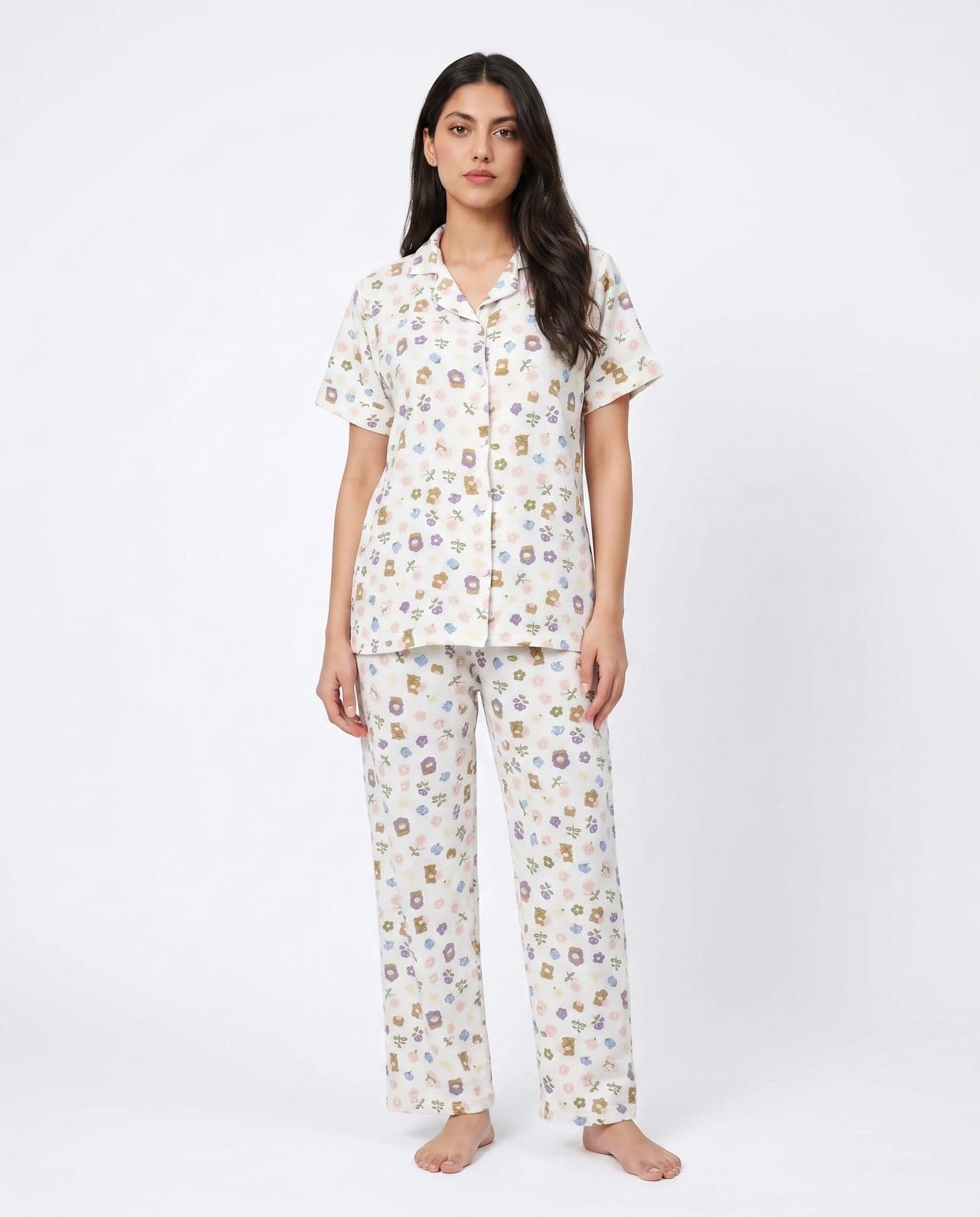 White Floral Half Sleeve Crinkled Cotton PJ Set for Women