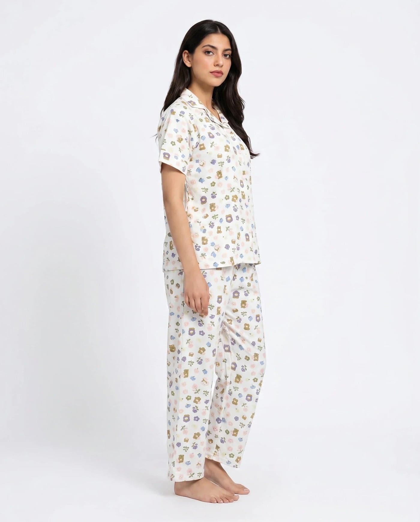 White Floral Half Sleeve Crinkled Cotton PJ Set for Women - view 2