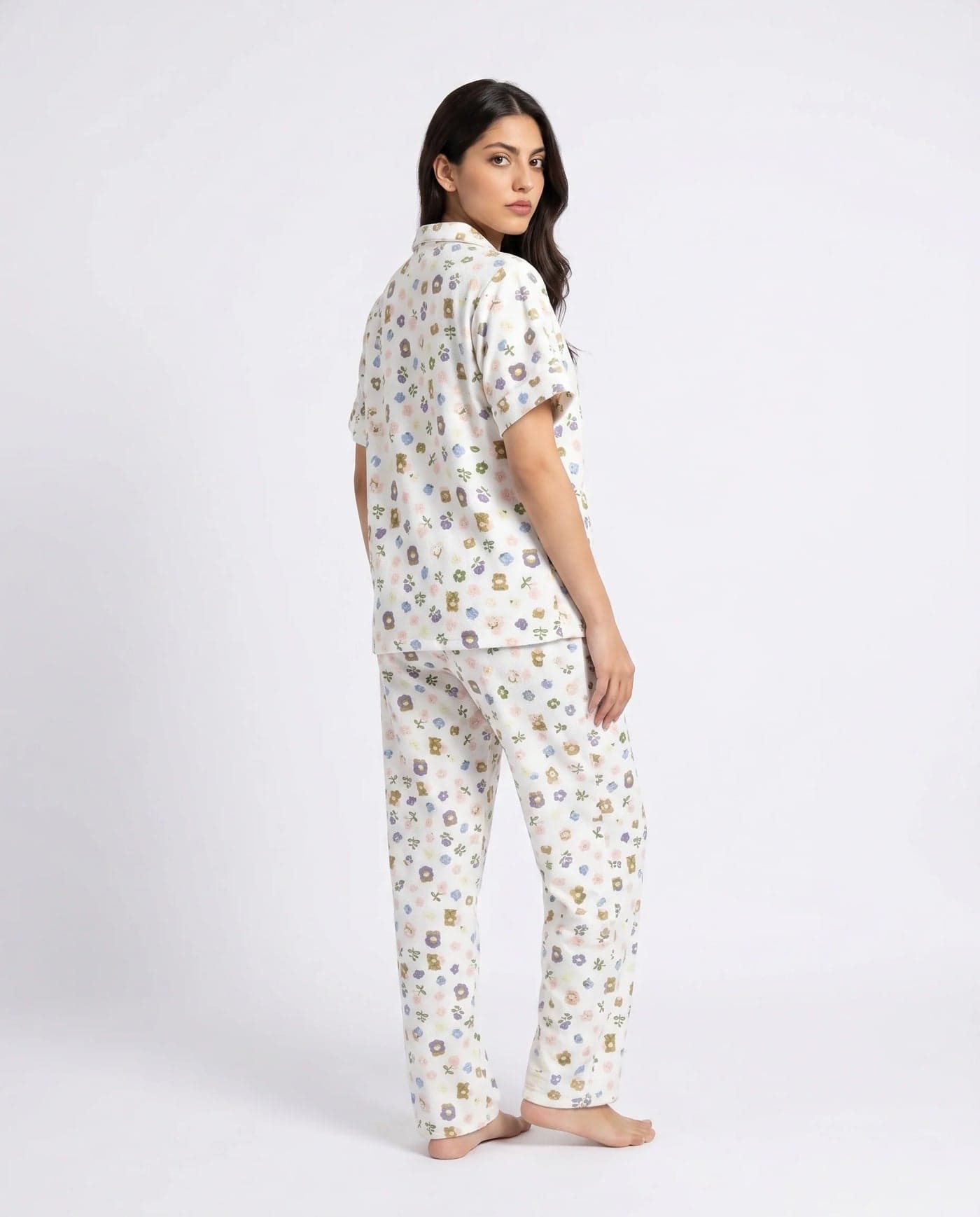 White Floral Half Sleeve Crinkled Cotton PJ Set for Women - view 3
