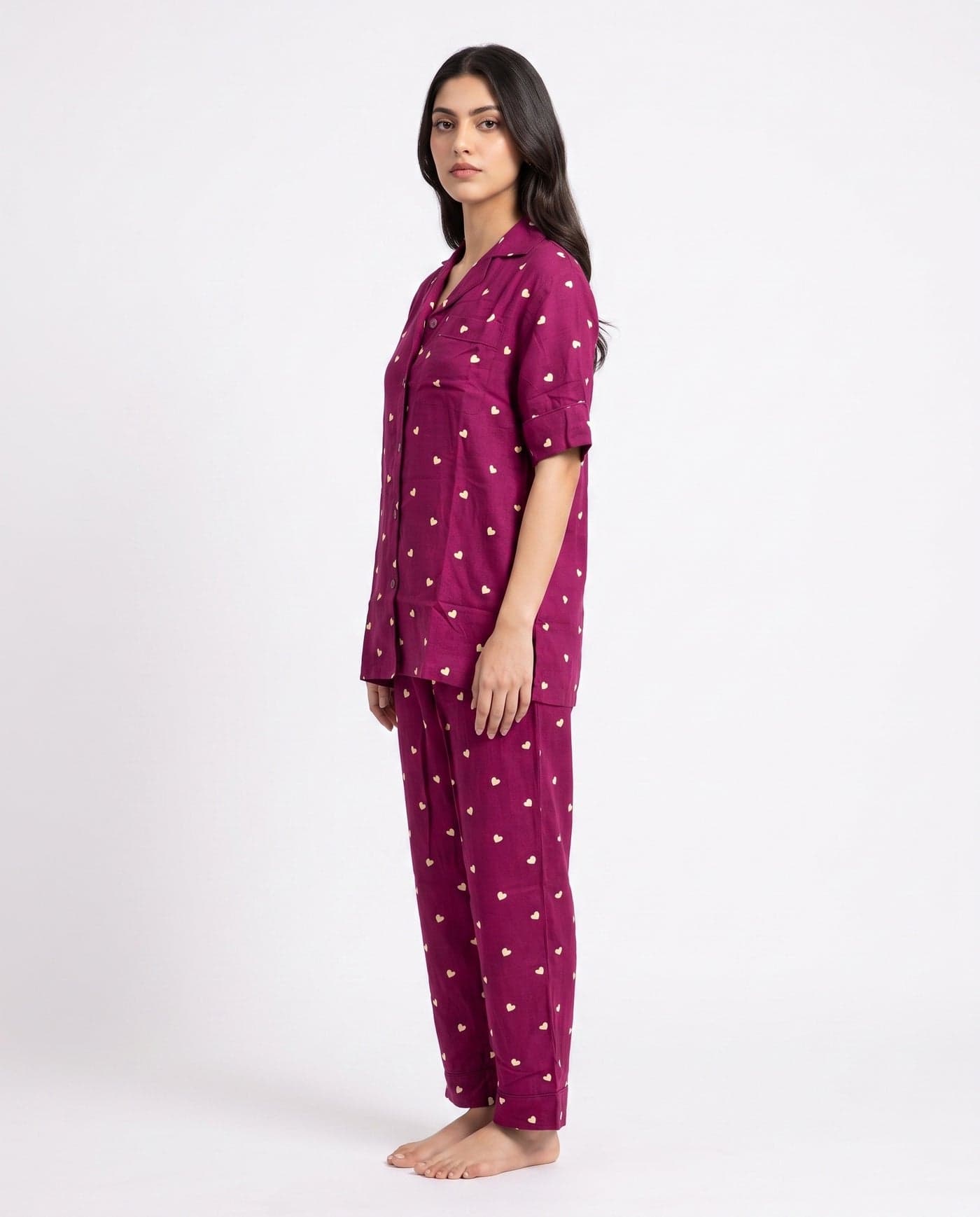 Plum Heart Print Linen PJ Set for Women - view 2