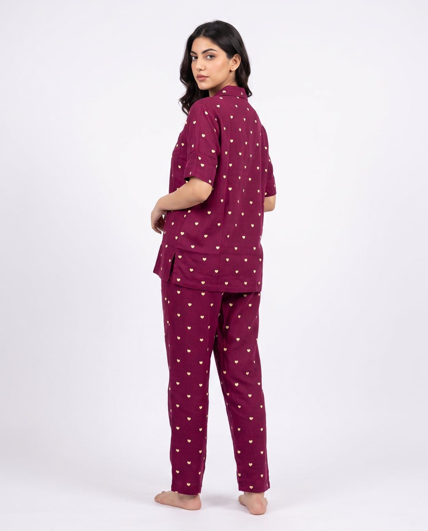 Plum Heart Print Linen PJ Set for Women - view 3