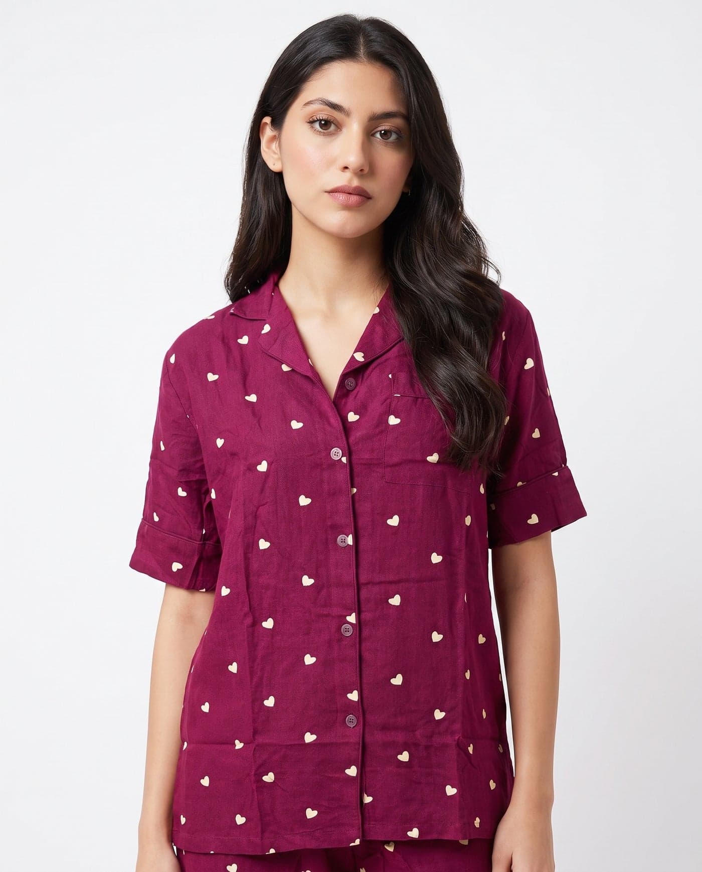 Plum Heart Print Linen PJ Set for Women - view 4