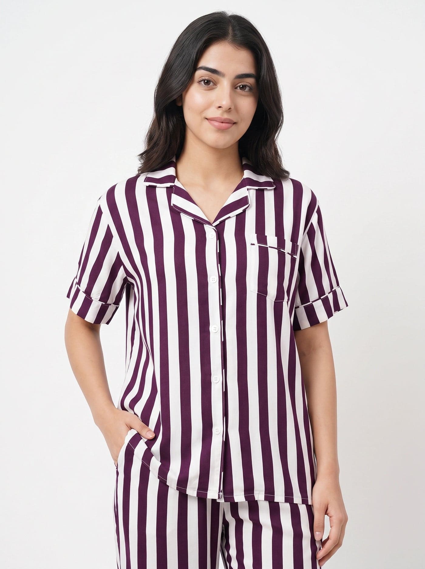 Maroon Striped Linen PJ Set for Women - view 2
