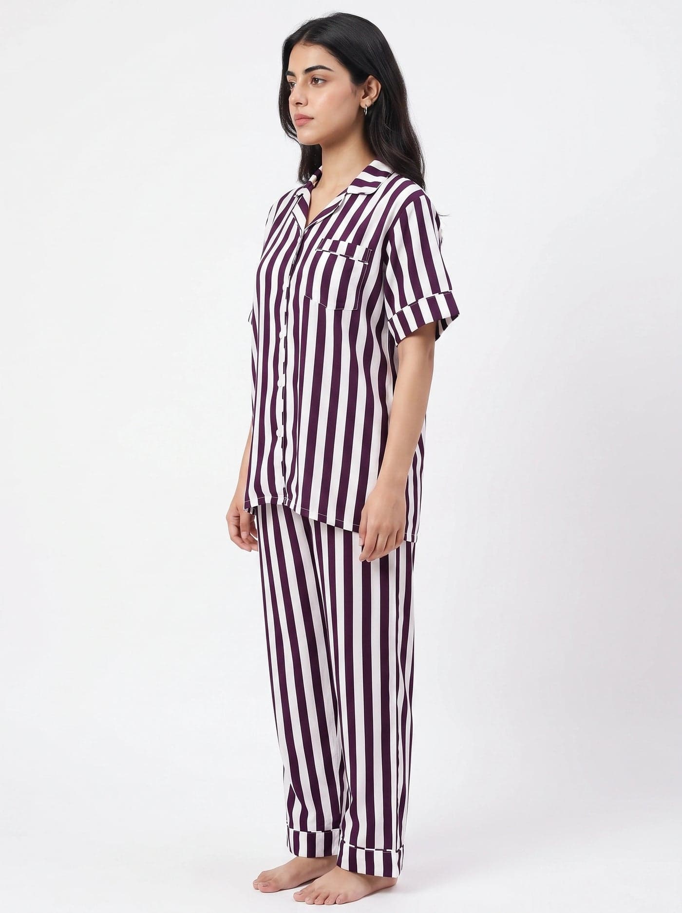 Maroon Striped Linen PJ Set for Women - view 3