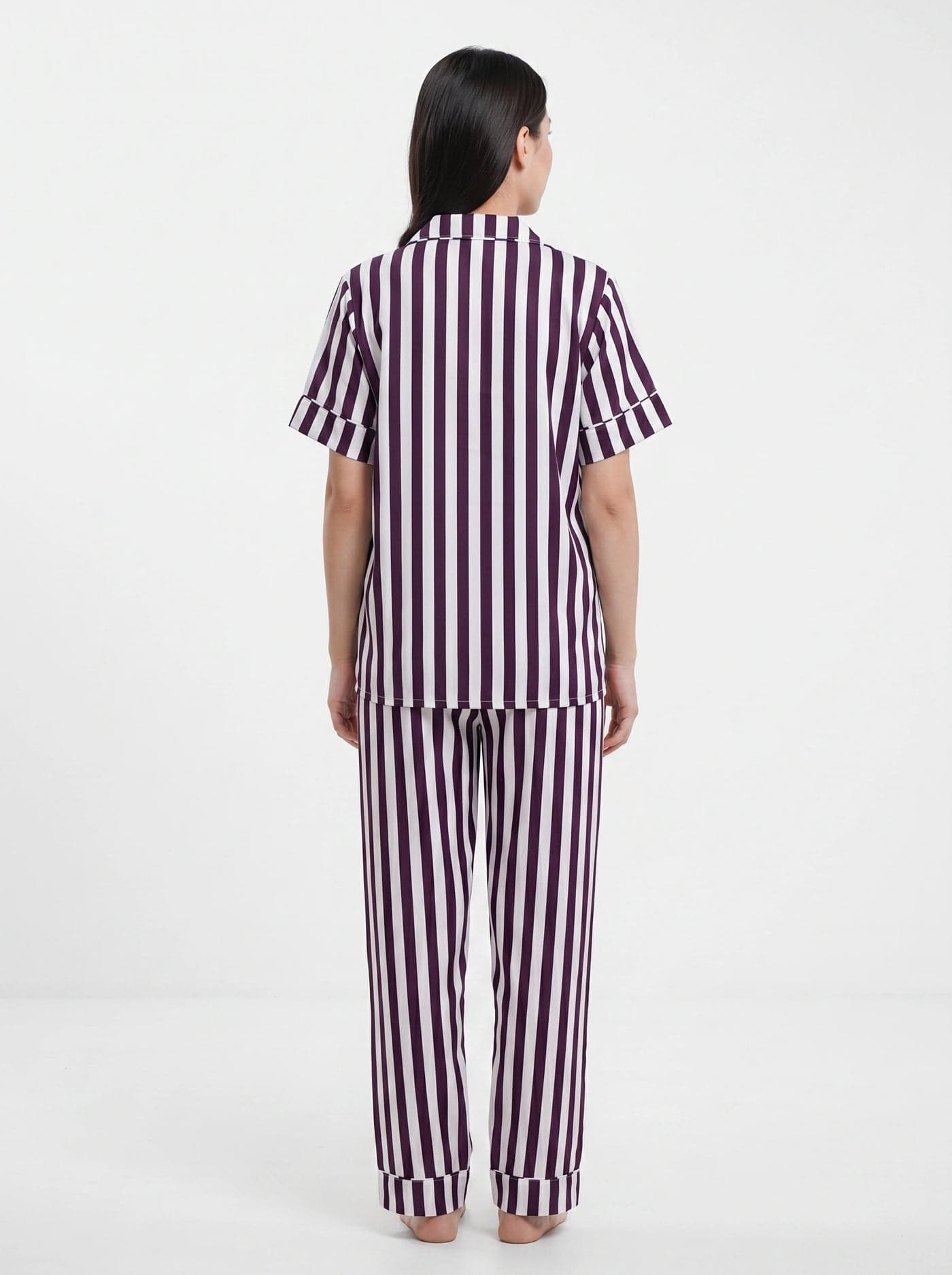 Maroon Striped Linen PJ Set for Women - view 4