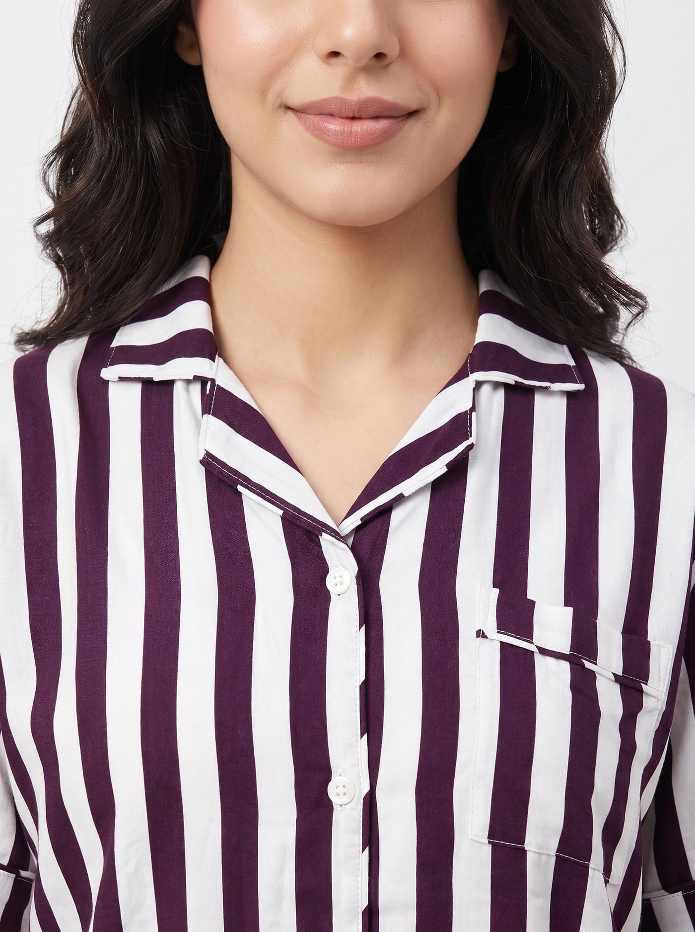 Maroon Striped Linen PJ Set for Women - view 5