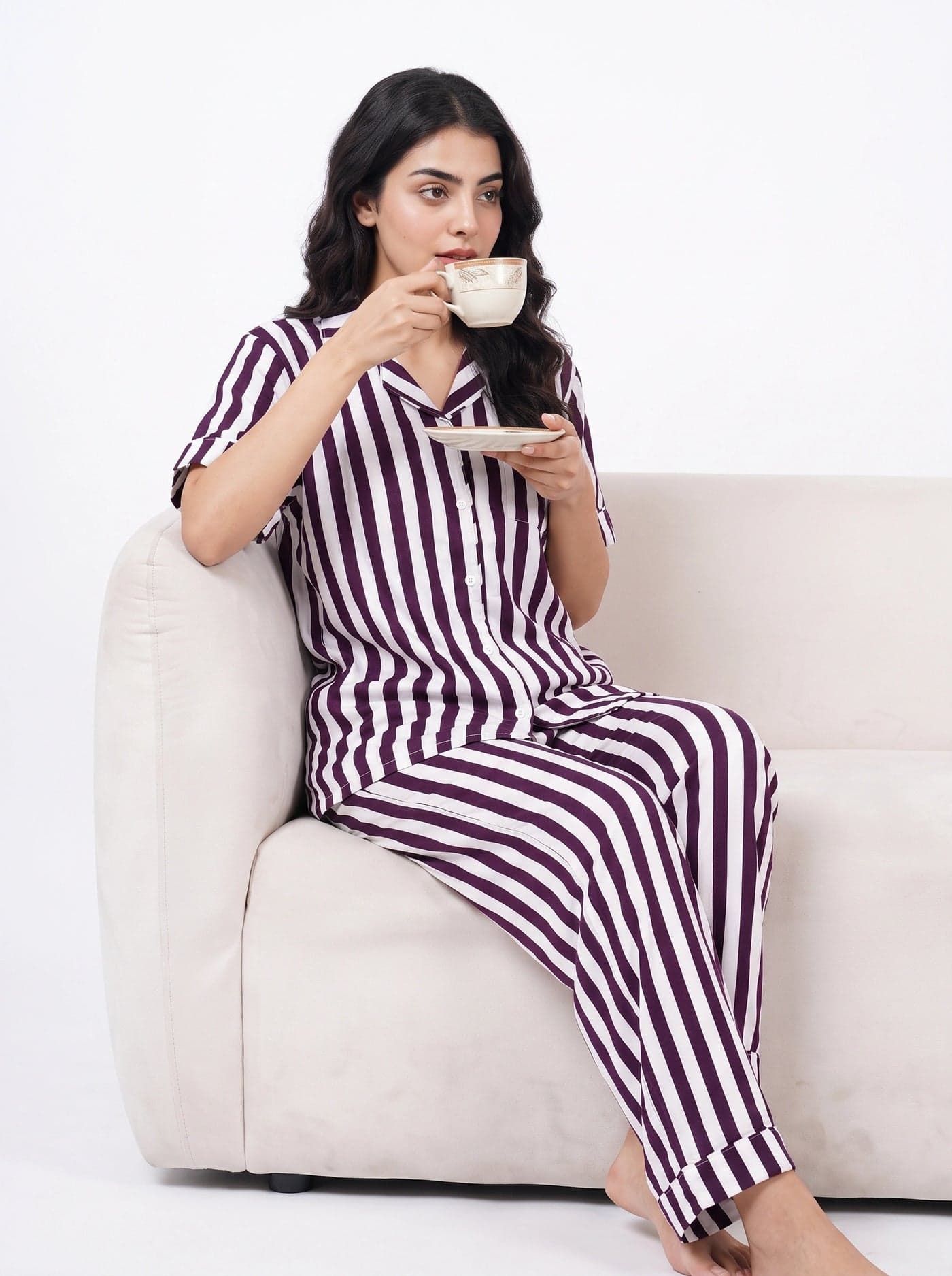 Maroon Striped Linen PJ Set for Women - view 6