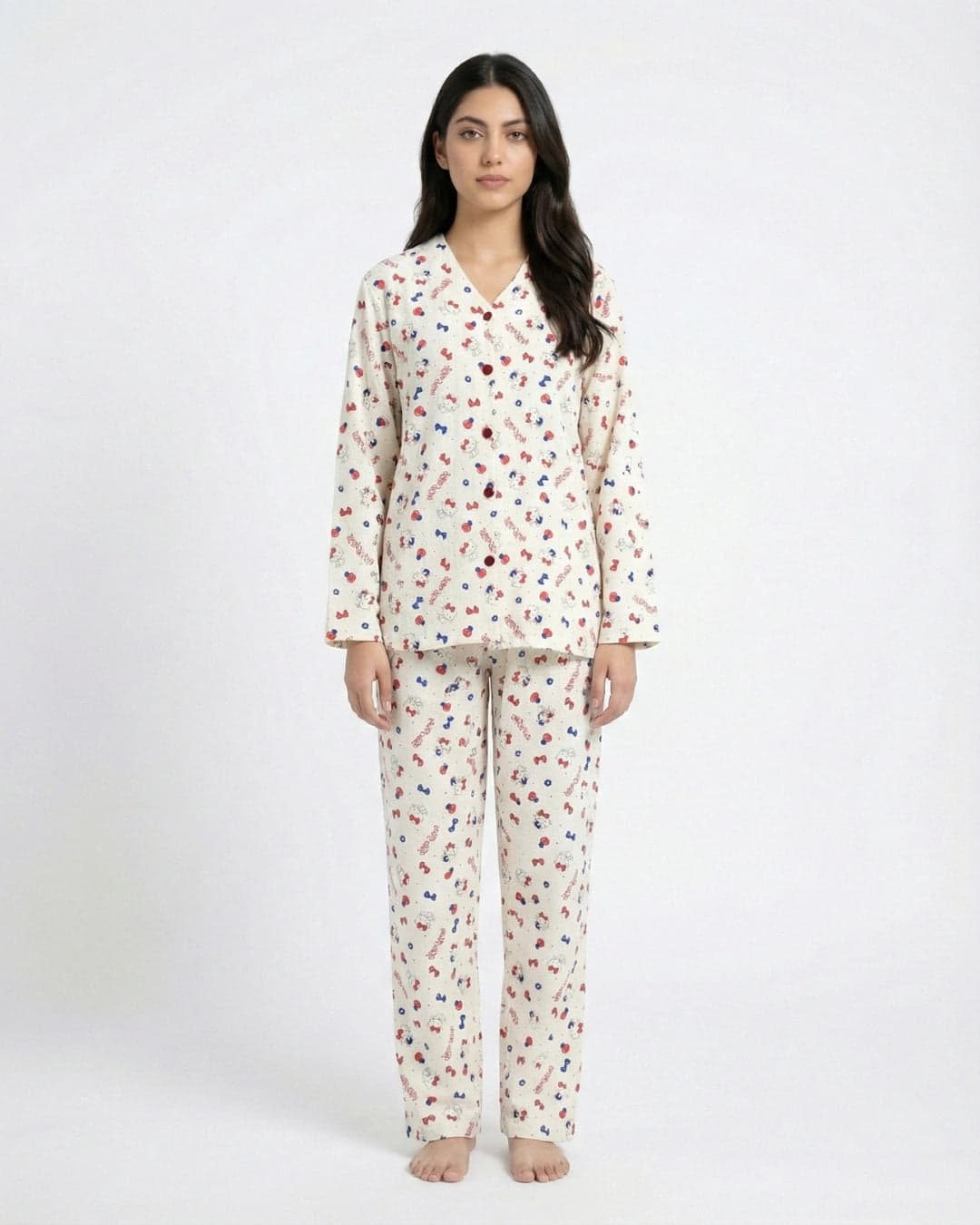 Cream Kitty Print Full Sleeve Crinkled Cotton PJ Set for Women