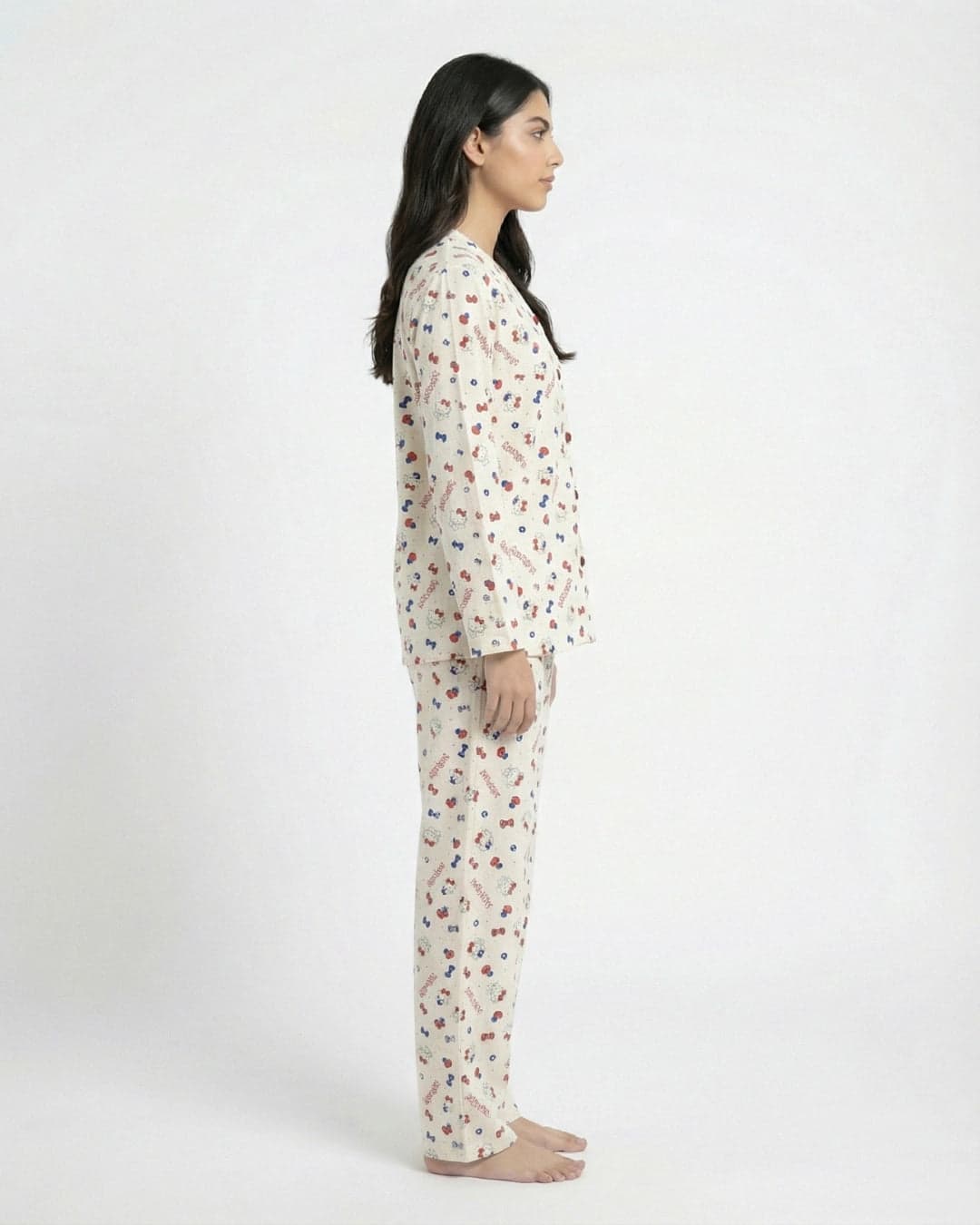Cream Kitty Print Full Sleeve Crinkled Cotton PJ Set for Women - view 2