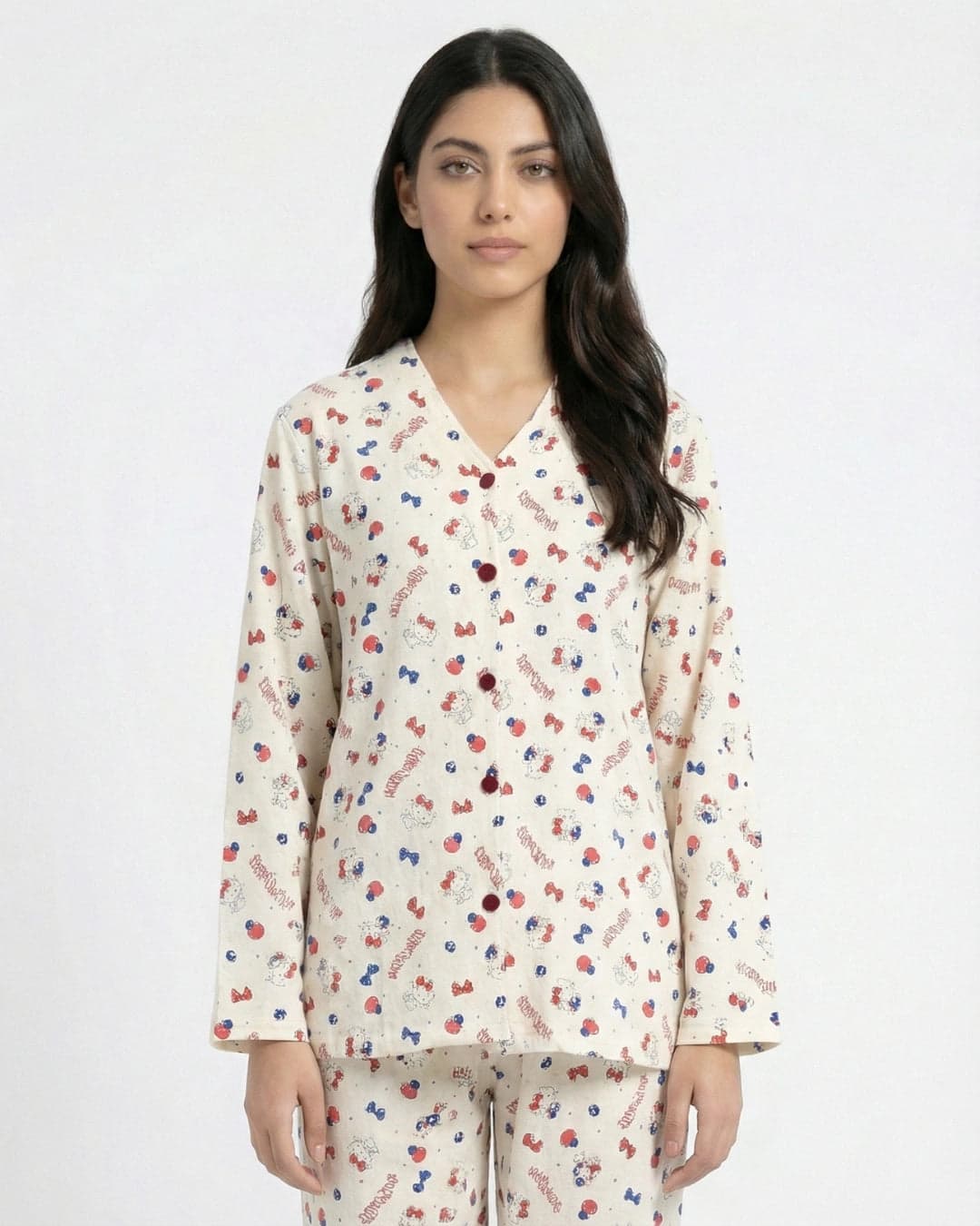 Cream Kitty Print Full Sleeve Crinkled Cotton PJ Set for Women - view 3