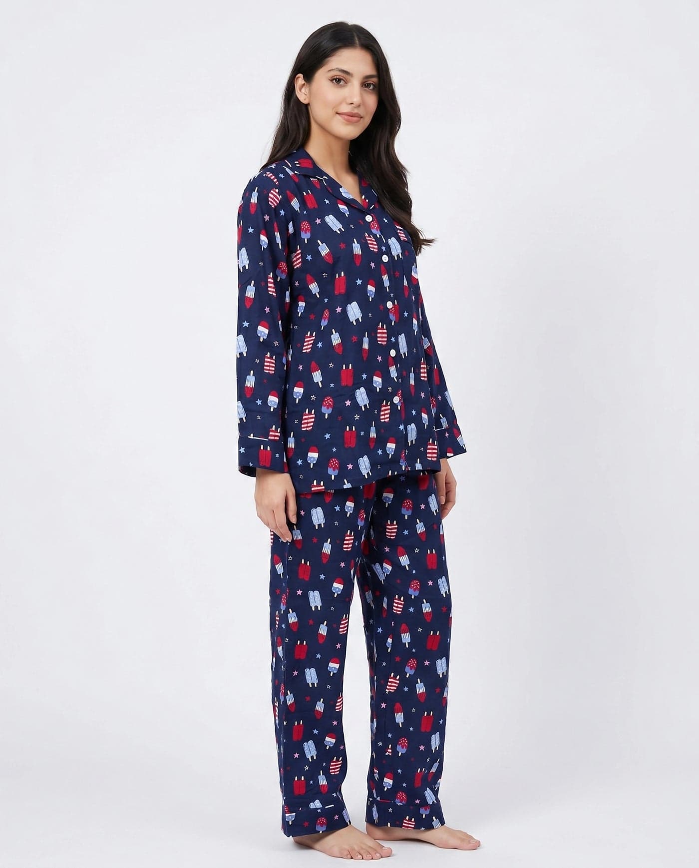Navy Blue Ice Cream Print Linen PJ Set for Women - view 2