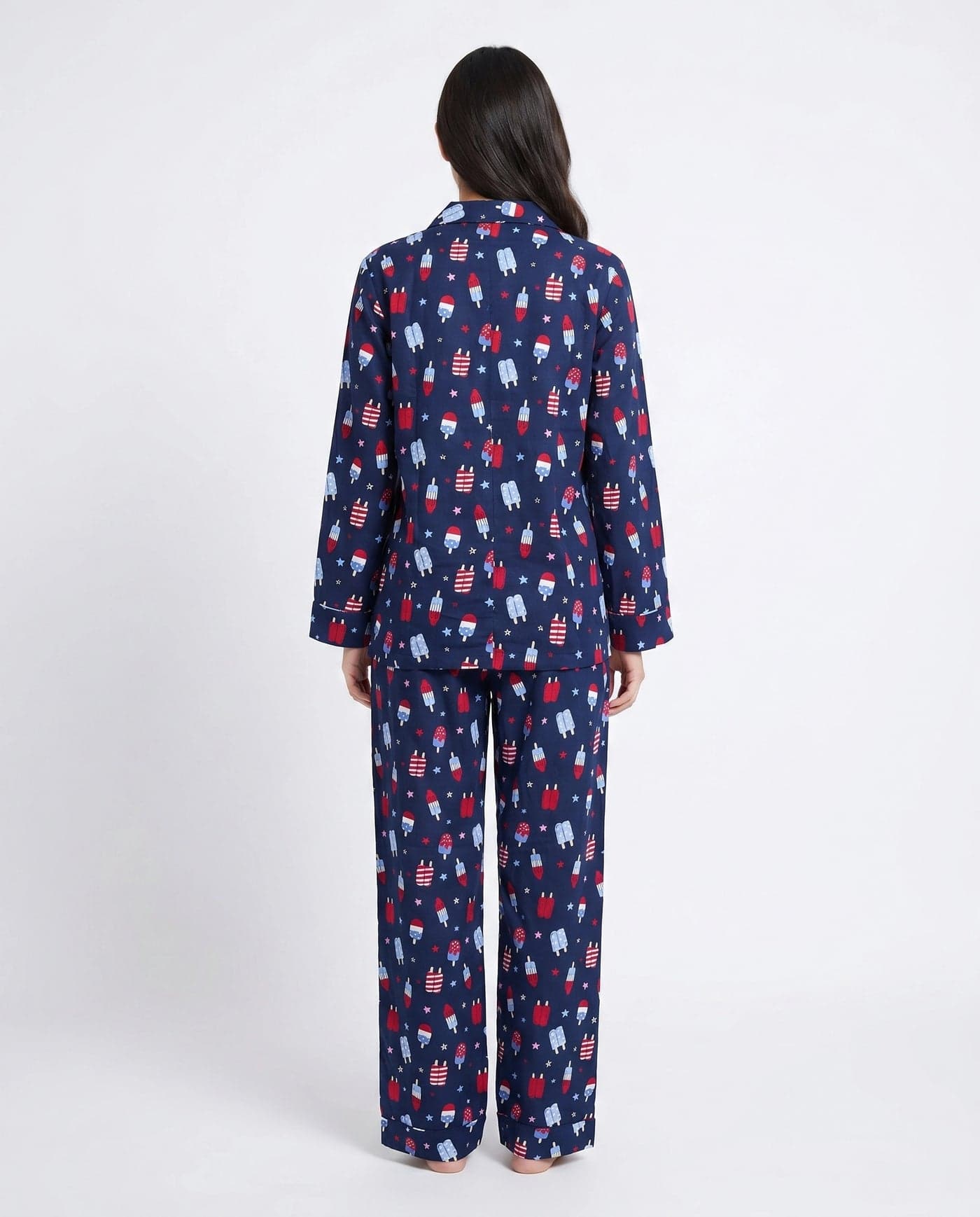 Navy Blue Ice Cream Print Linen PJ Set for Women - view 3