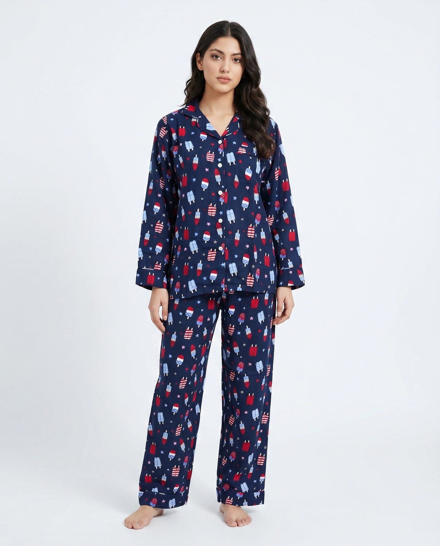 Navy Blue Ice Cream Print Linen PJ Set for Women - view 4