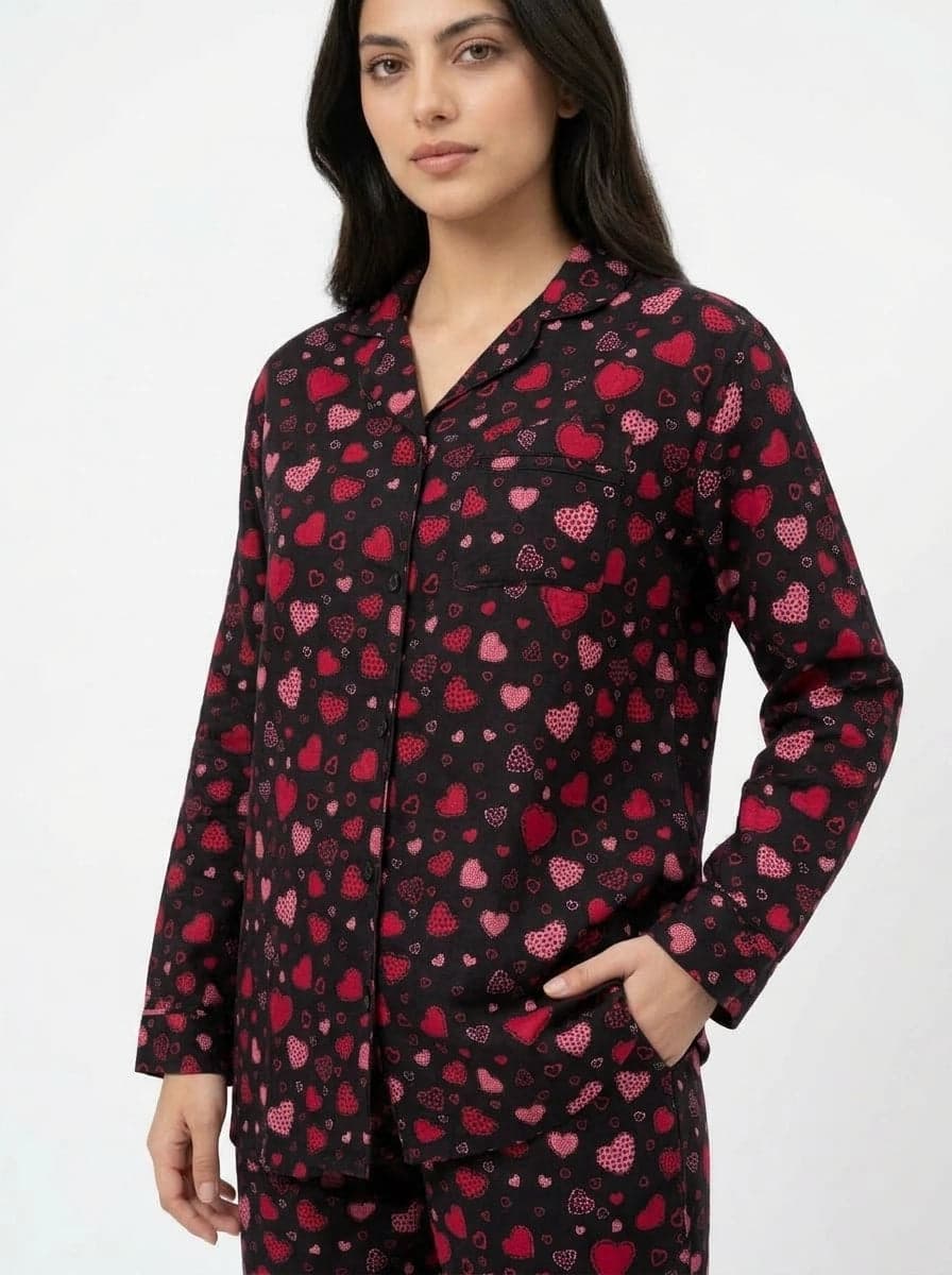 Black and Red Heart Print Linen PJ Set for Women - view 2