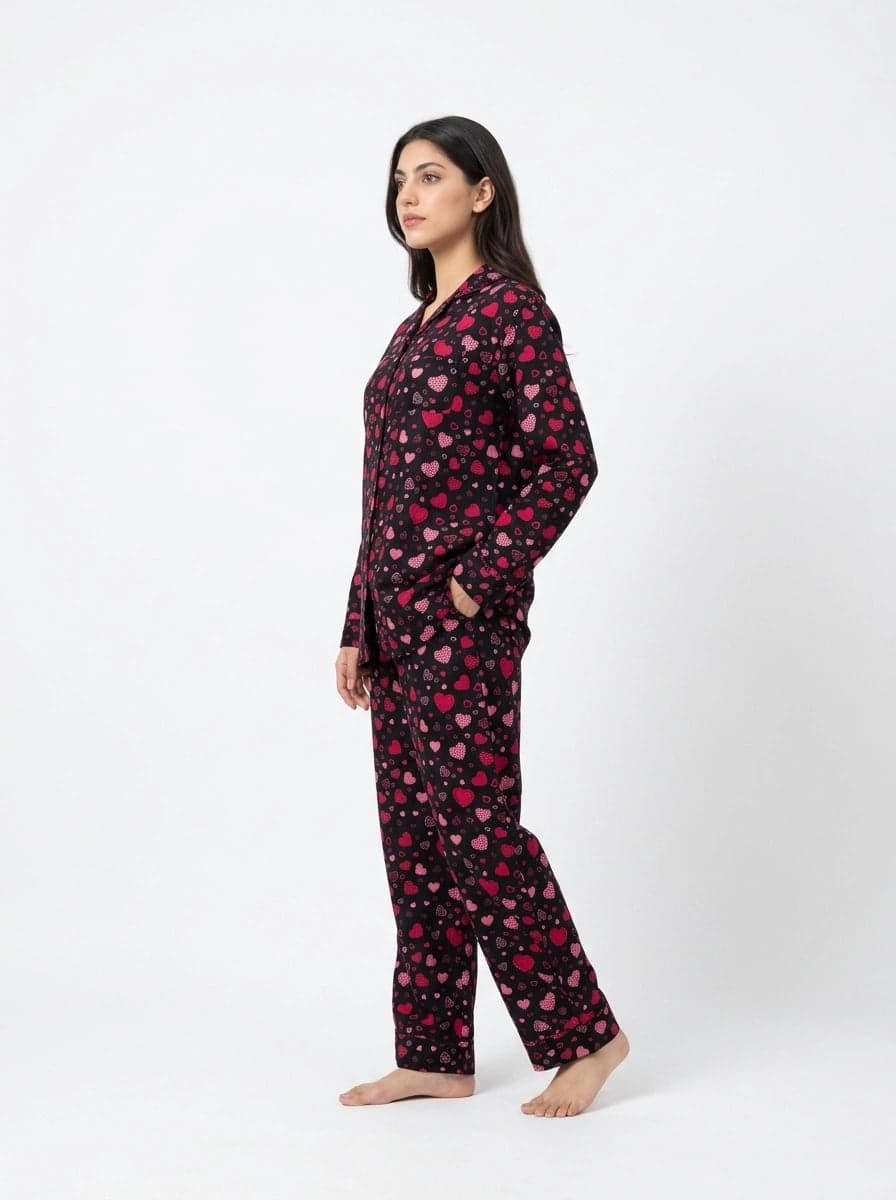 Black and Red Heart Print Linen PJ Set for Women - view 3