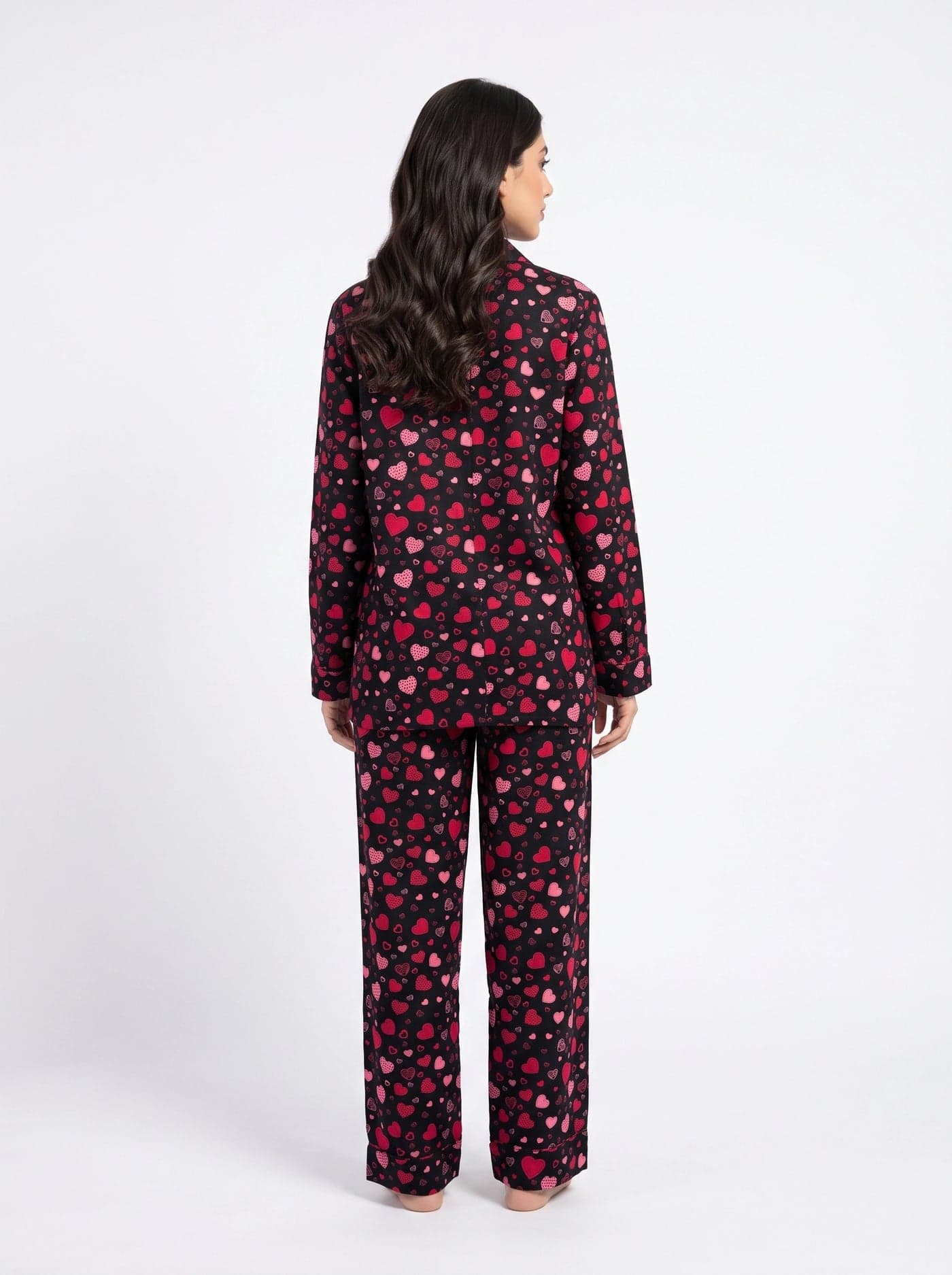 Black and Red Heart Print Linen PJ Set for Women - view 4