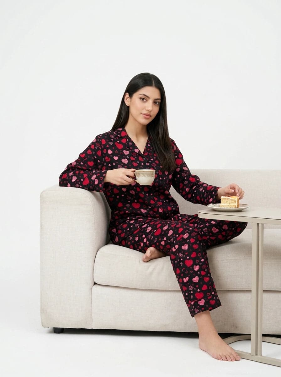 Black and Red Heart Print Linen PJ Set for Women - view 5