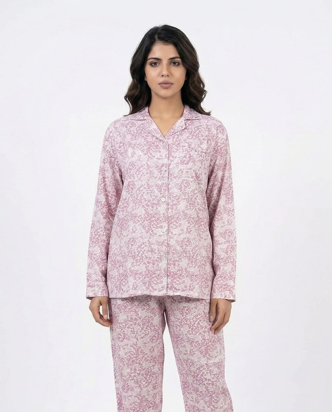 Pink Abstract Print Linen PJ Set for Women - view 2