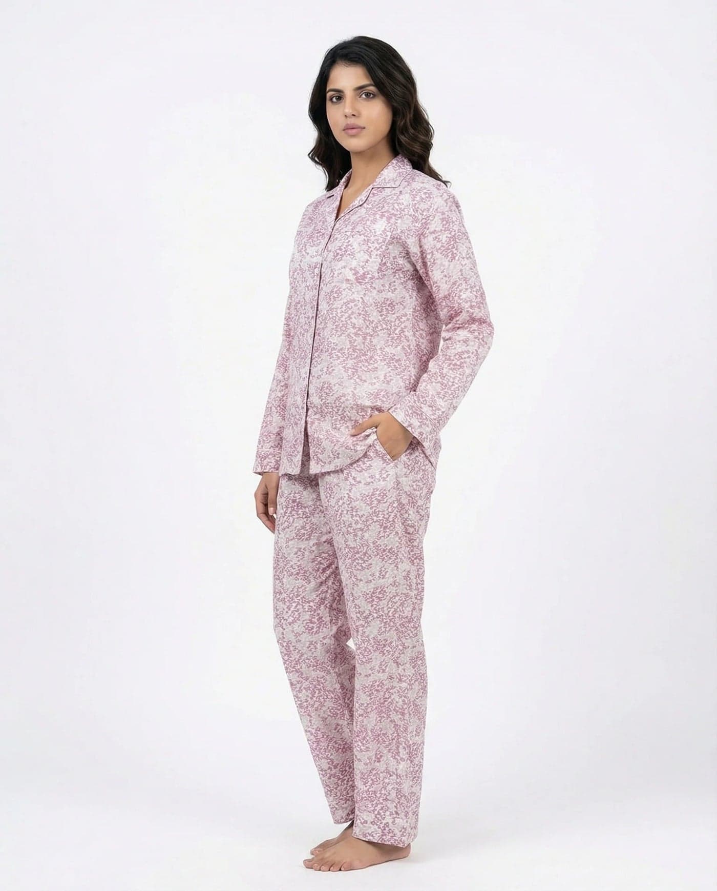 Pink Abstract Print Linen PJ Set for Women - view 3