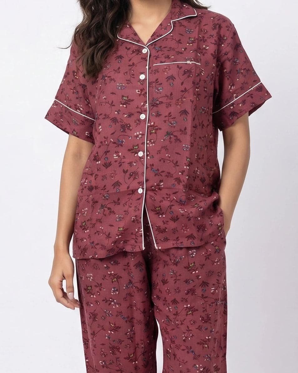 Maroon Floral Linen PJ Set for Women - view 2