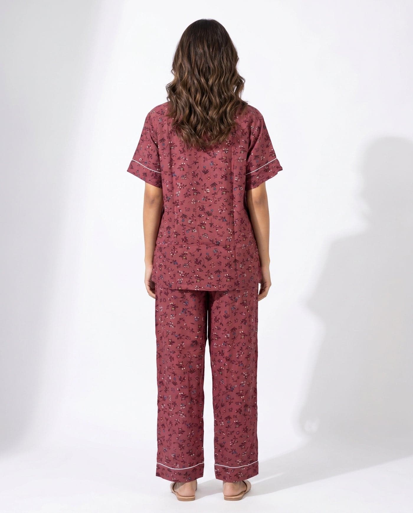 Maroon Floral Linen PJ Set for Women - view 3
