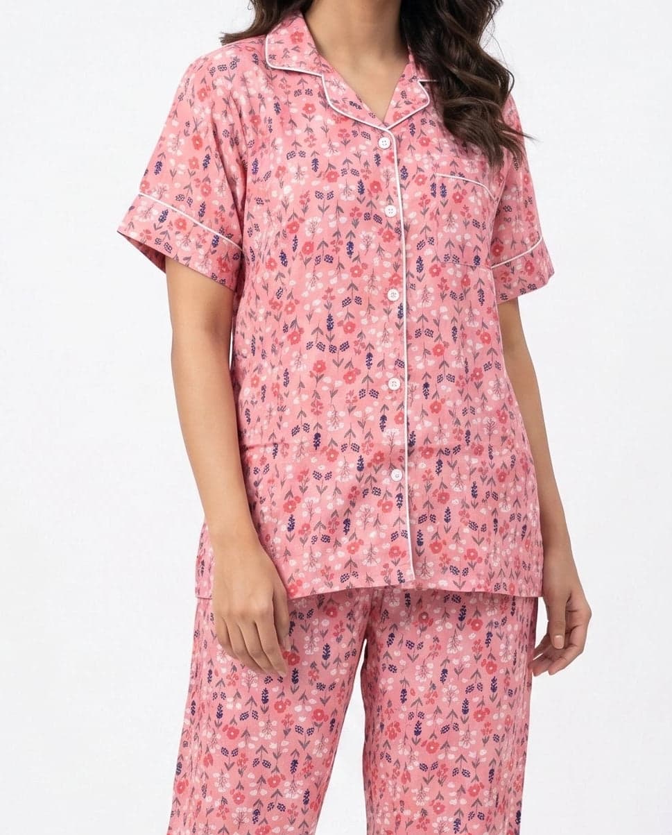 Pink and Dark Pink Floral Linen PJ Set for Women - view 2