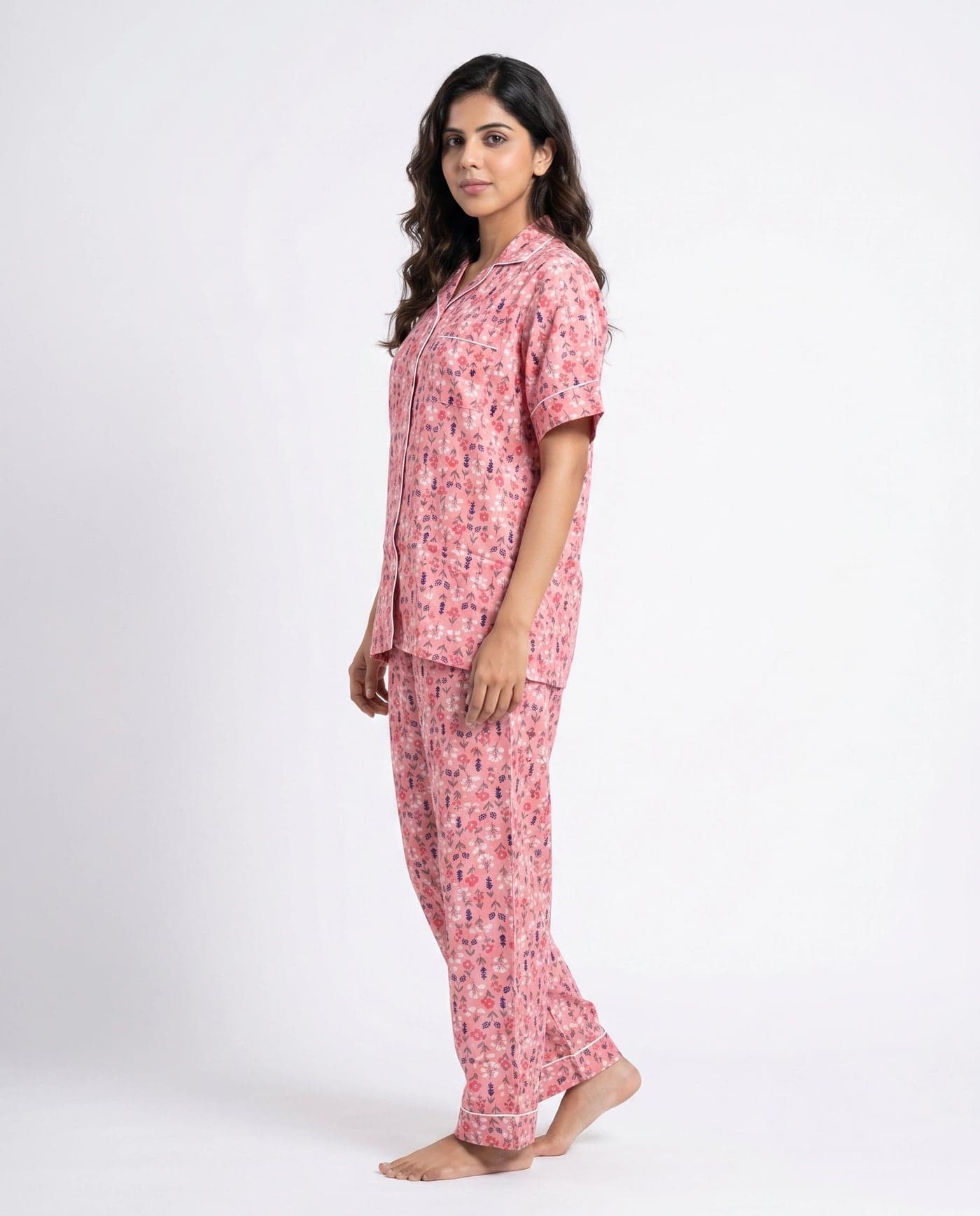 Pink and Dark Pink Floral Linen PJ Set for Women - view 3