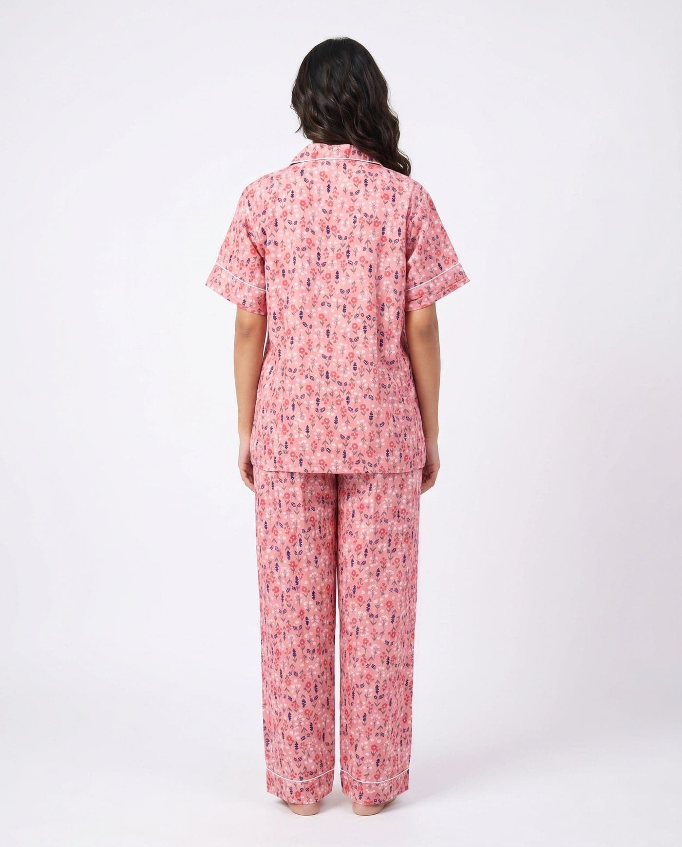 Pink and Dark Pink Floral Linen PJ Set for Women - view 4
