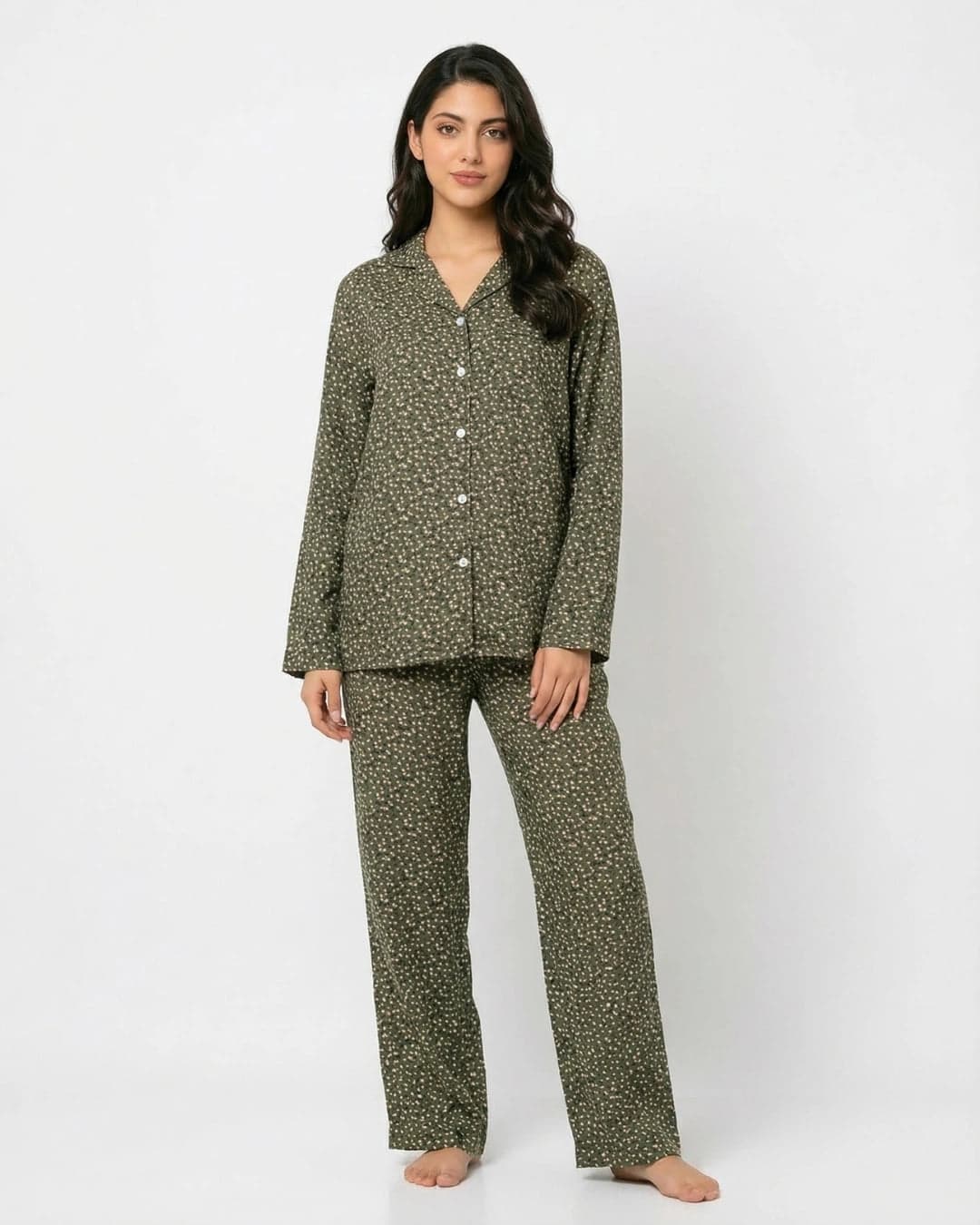Olive Green Floral Linen PJ Set for Women - view 2