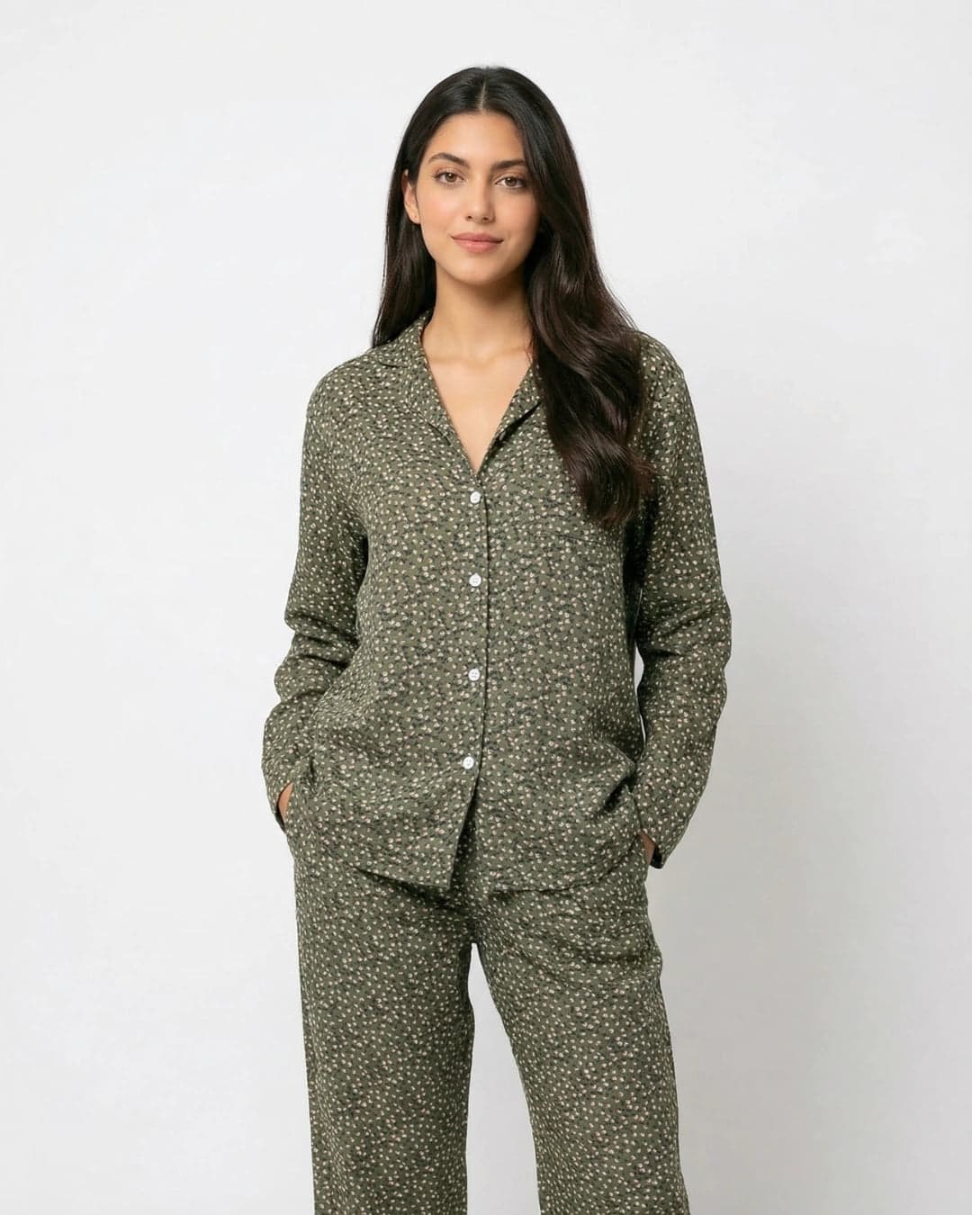 Olive Green Floral Linen PJ Set for Women - view 3