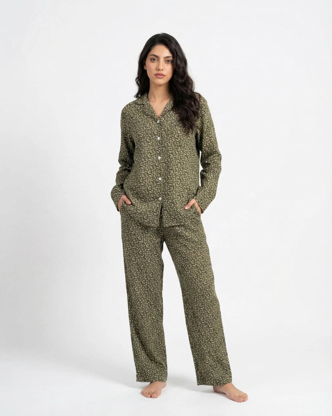 Olive Green Floral Linen PJ Set for Women - view 4