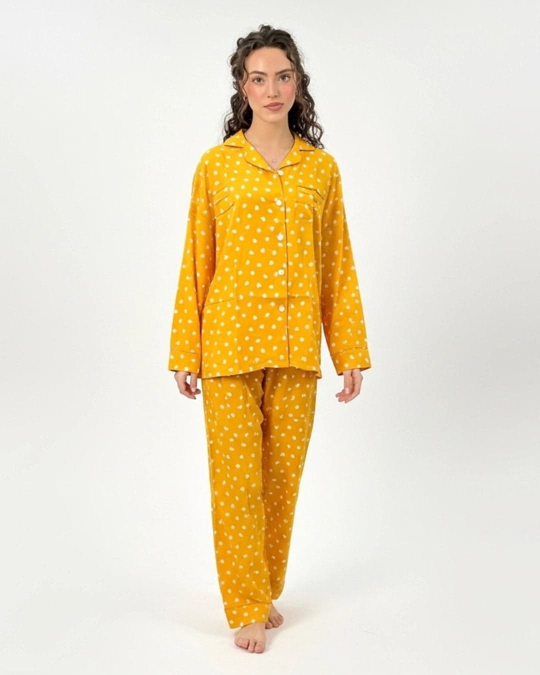 Yellow Polka Dot Linen PJ Set for Women