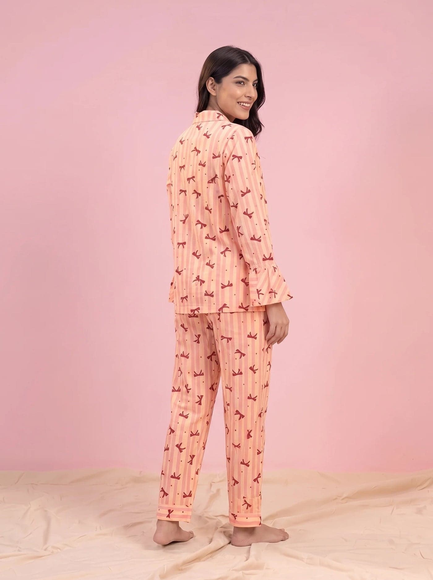 Peach Bow Striped Linen PJ Set for Women - view 2