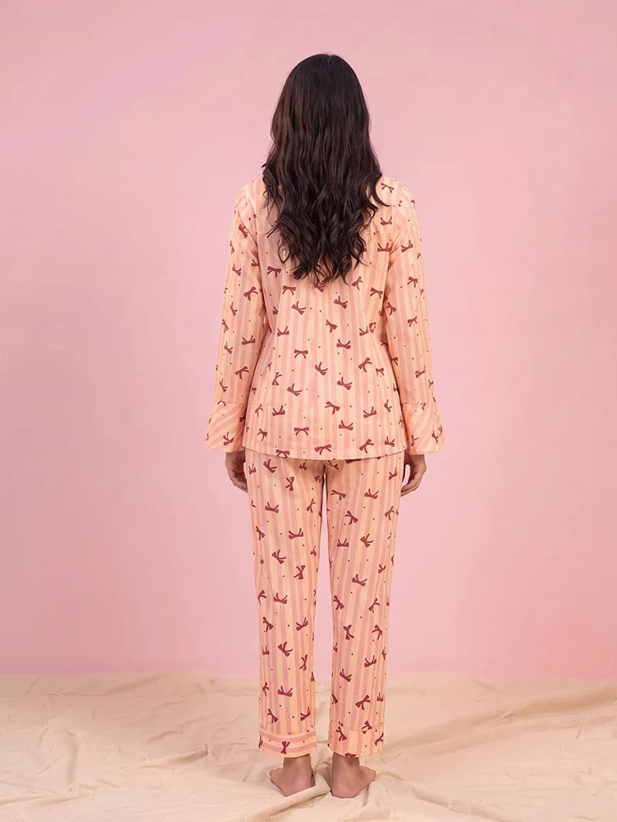 Peach Bow Striped Linen PJ Set for Women - view 3