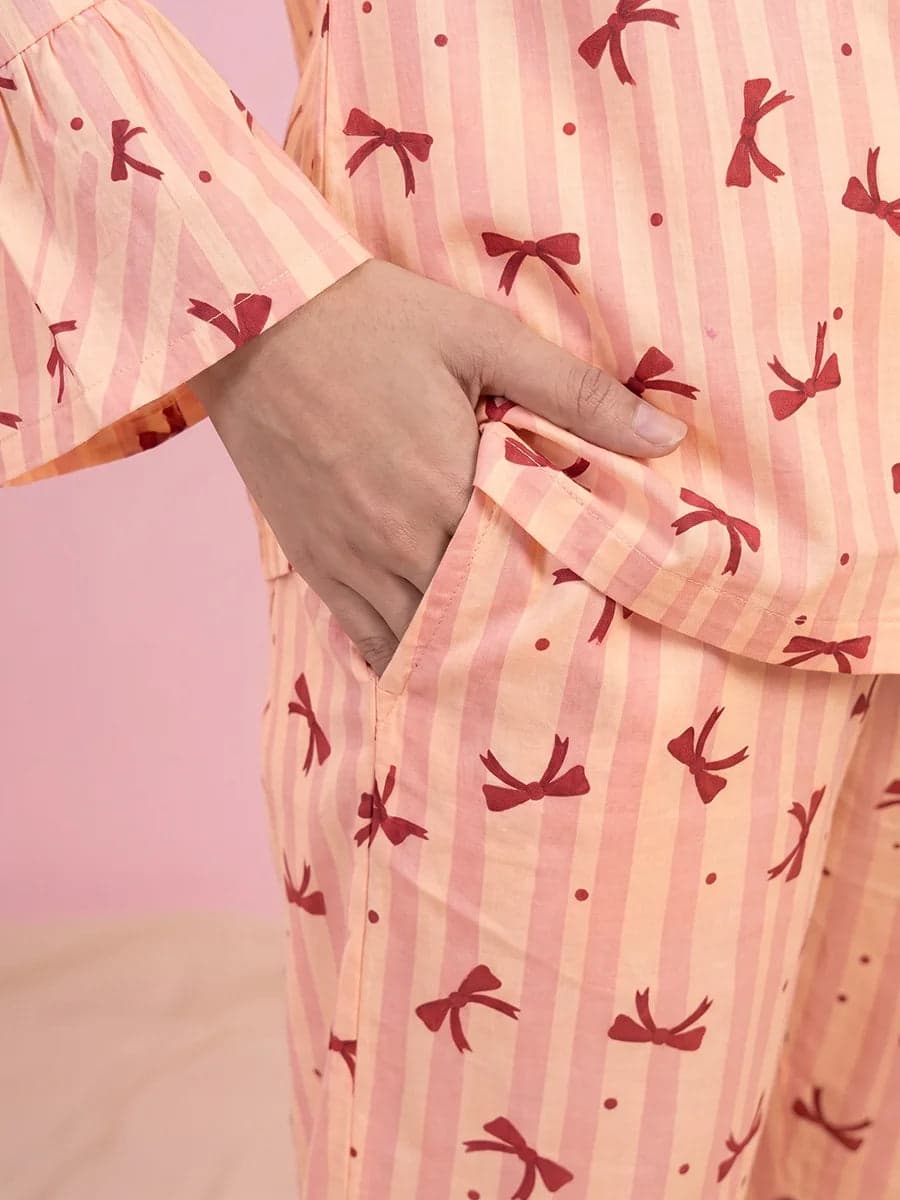 Peach Bow Striped Linen PJ Set for Women - view 4