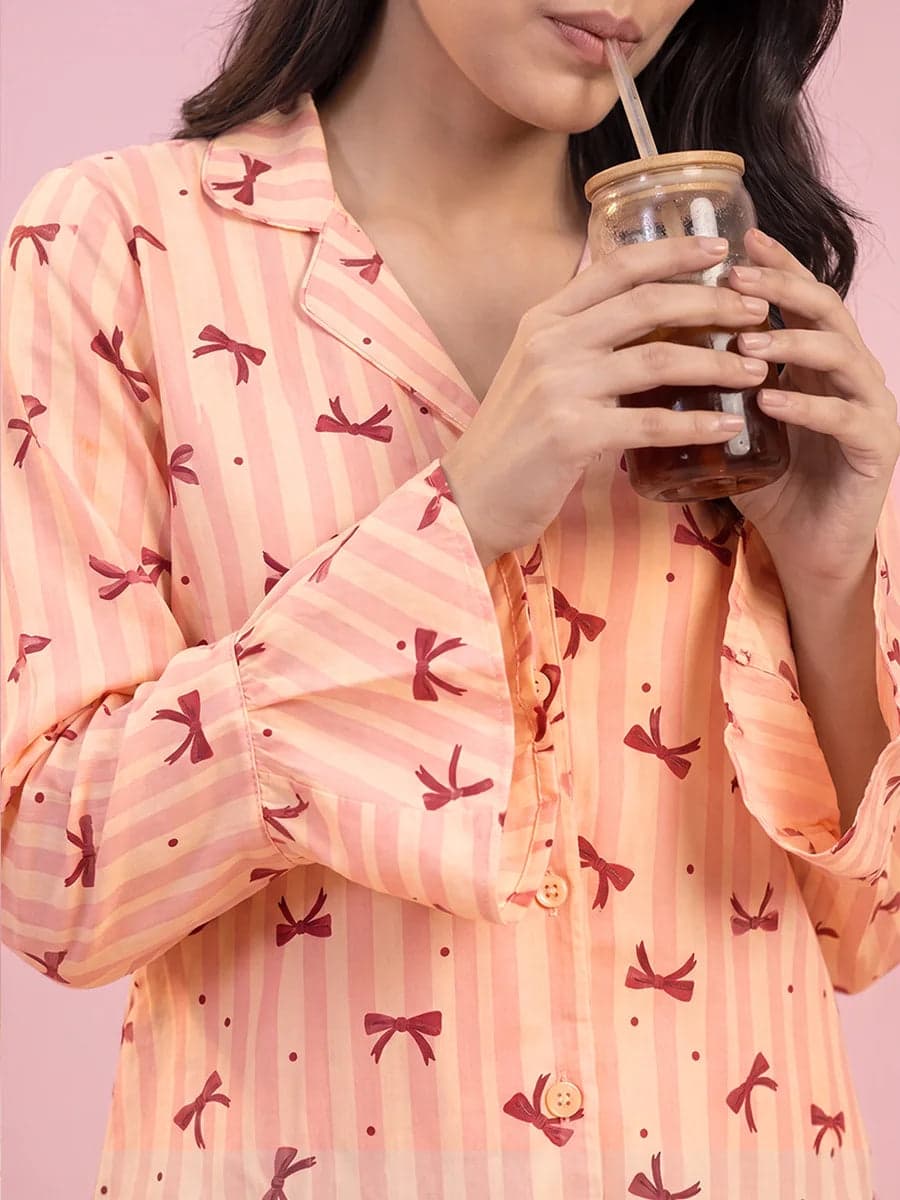 Peach Bow Striped Linen PJ Set for Women - view 5