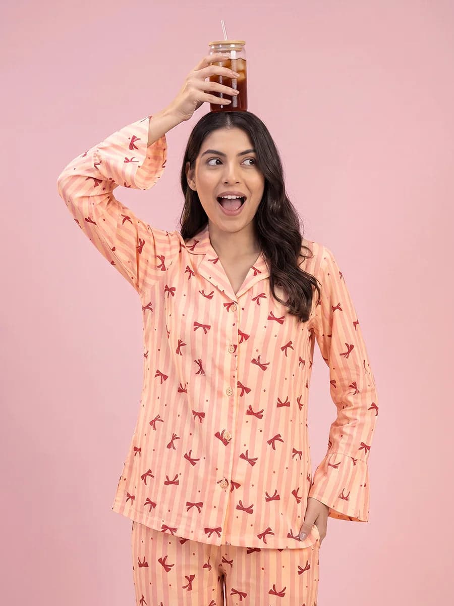 Peach Bow Striped Linen PJ Set for Women - view 6