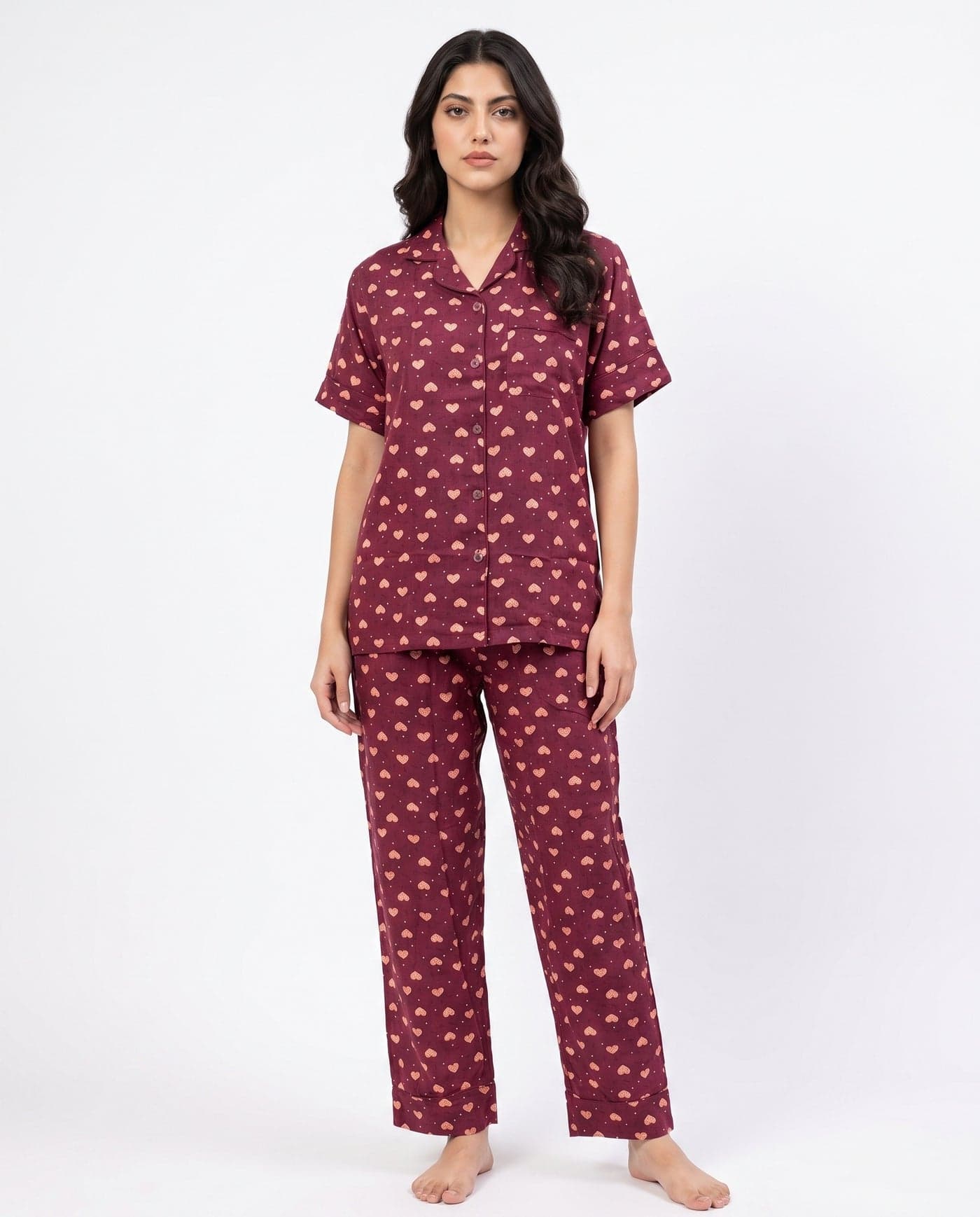 Wine Heart Print Linen PJ Set for Women