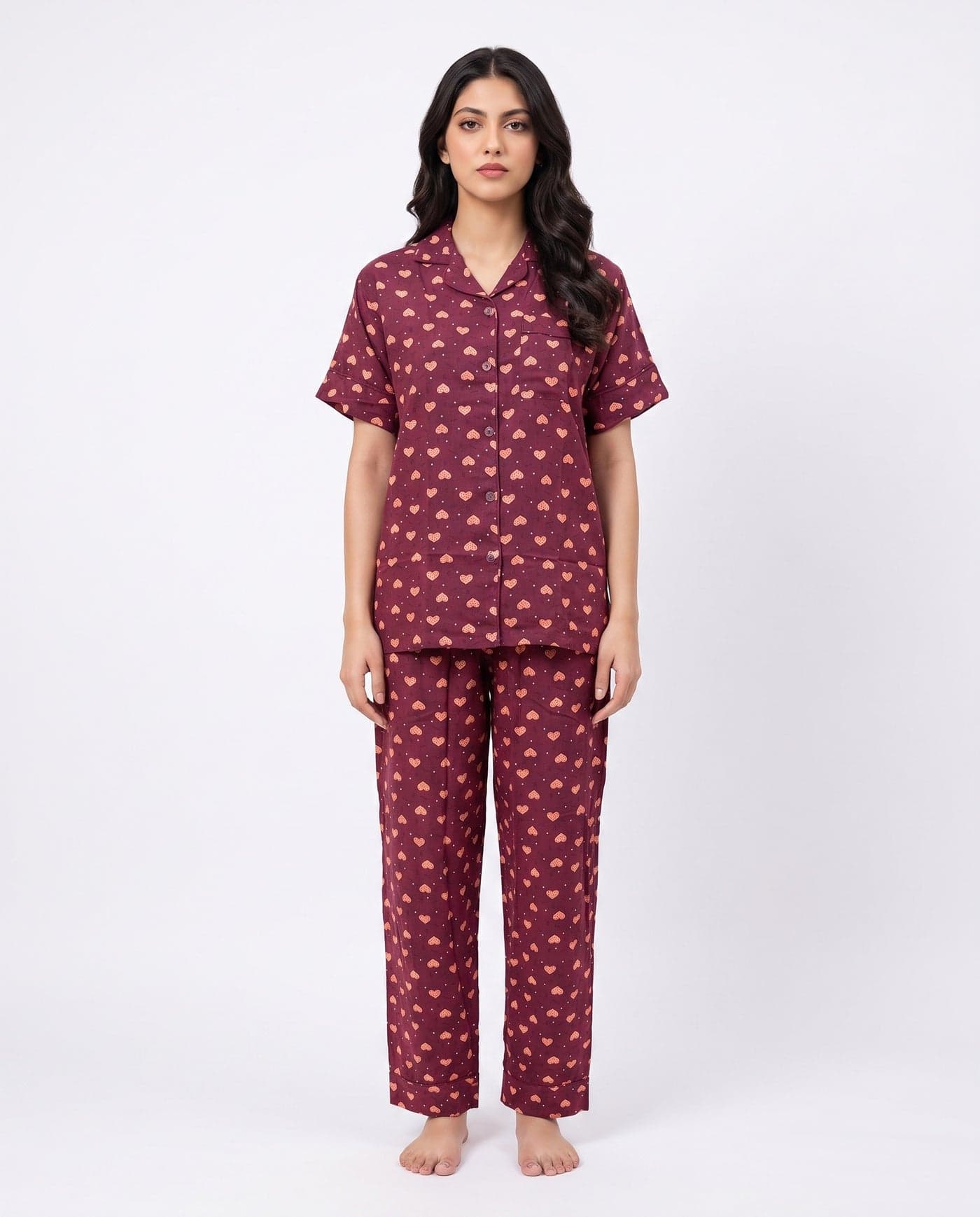 Wine Heart Print Linen PJ Set for Women - view 2