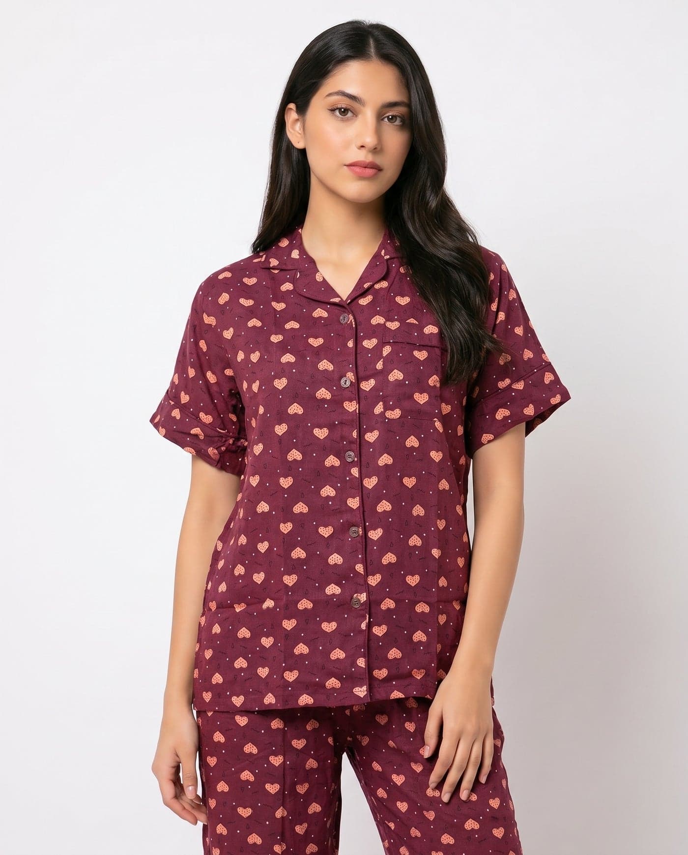 Wine Heart Print Linen PJ Set for Women - view 3