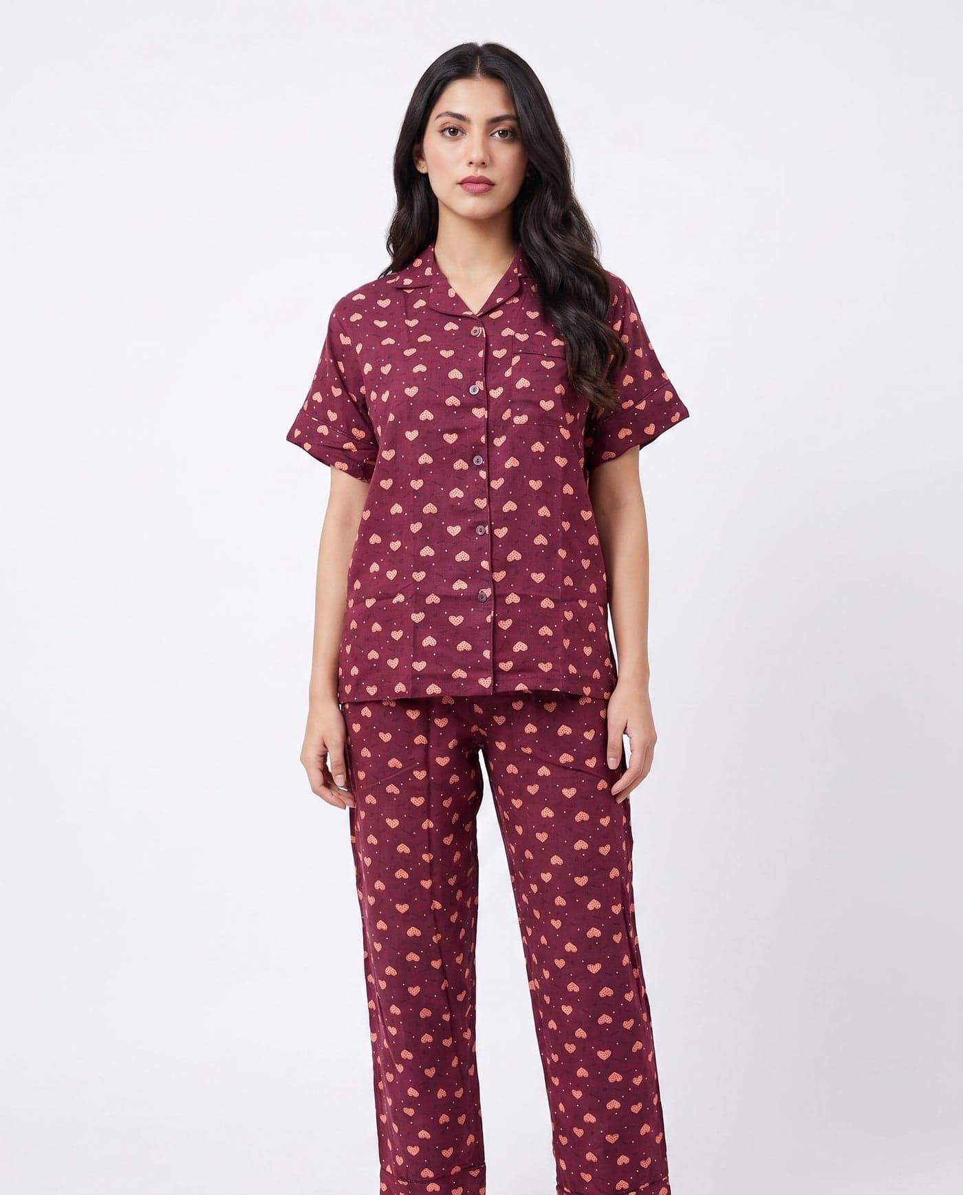 Wine Heart Print Linen PJ Set for Women - view 4