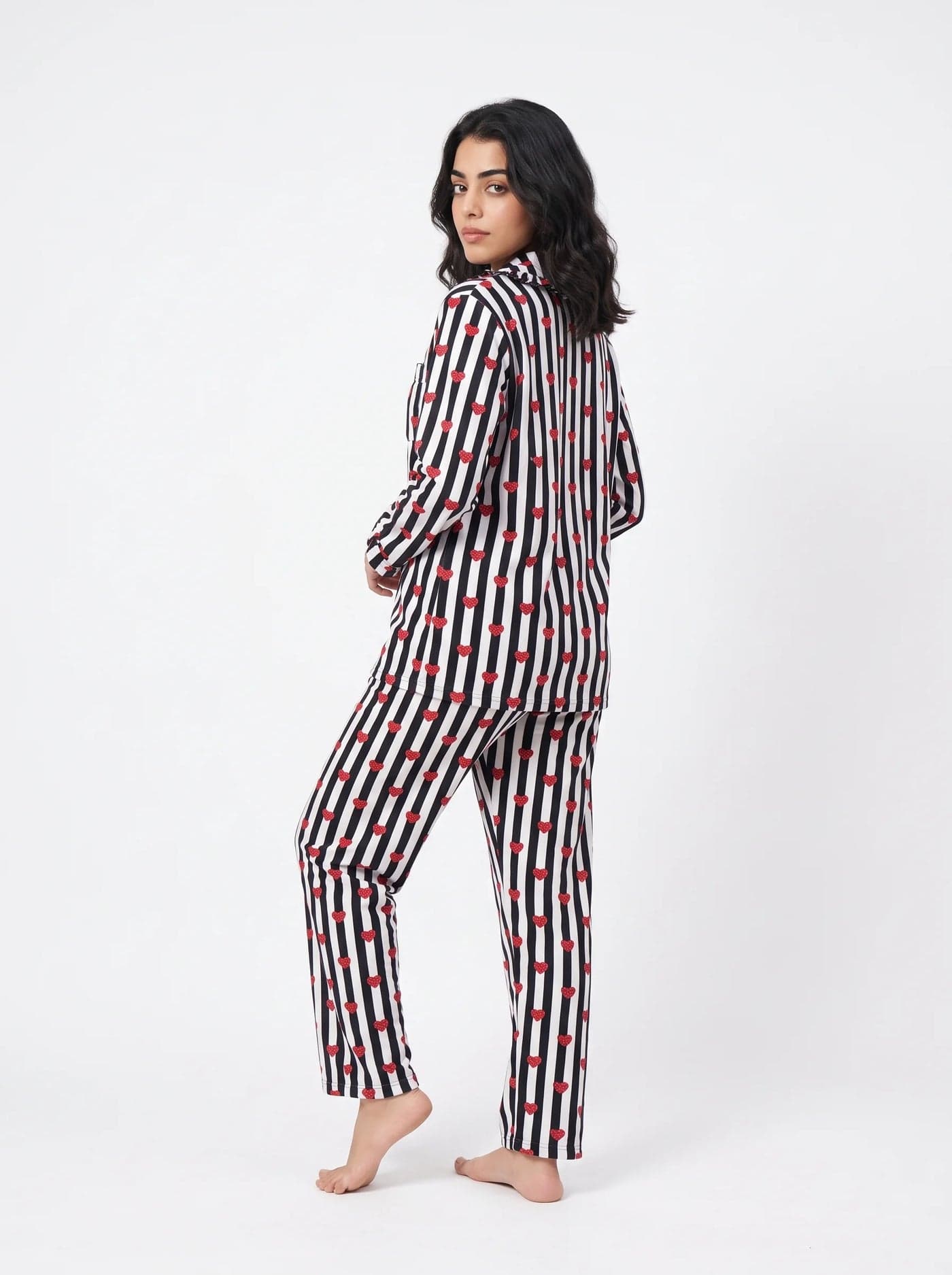 Black Heart Striped Linen PJ Set for Women - view 2