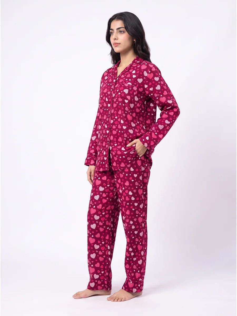 Red Heart Print Linen PJ Set for Women - view 2