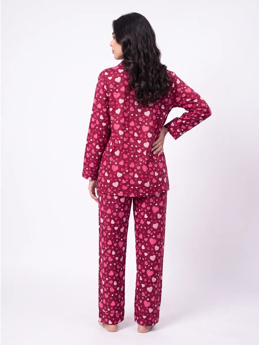 Red Heart Print Linen PJ Set for Women - view 3