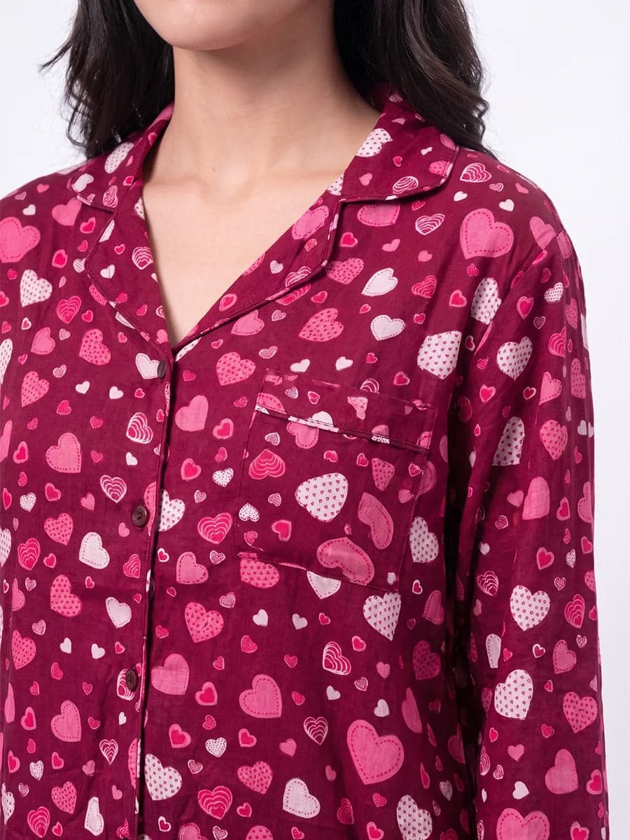 Red Heart Print Linen PJ Set for Women - view 4