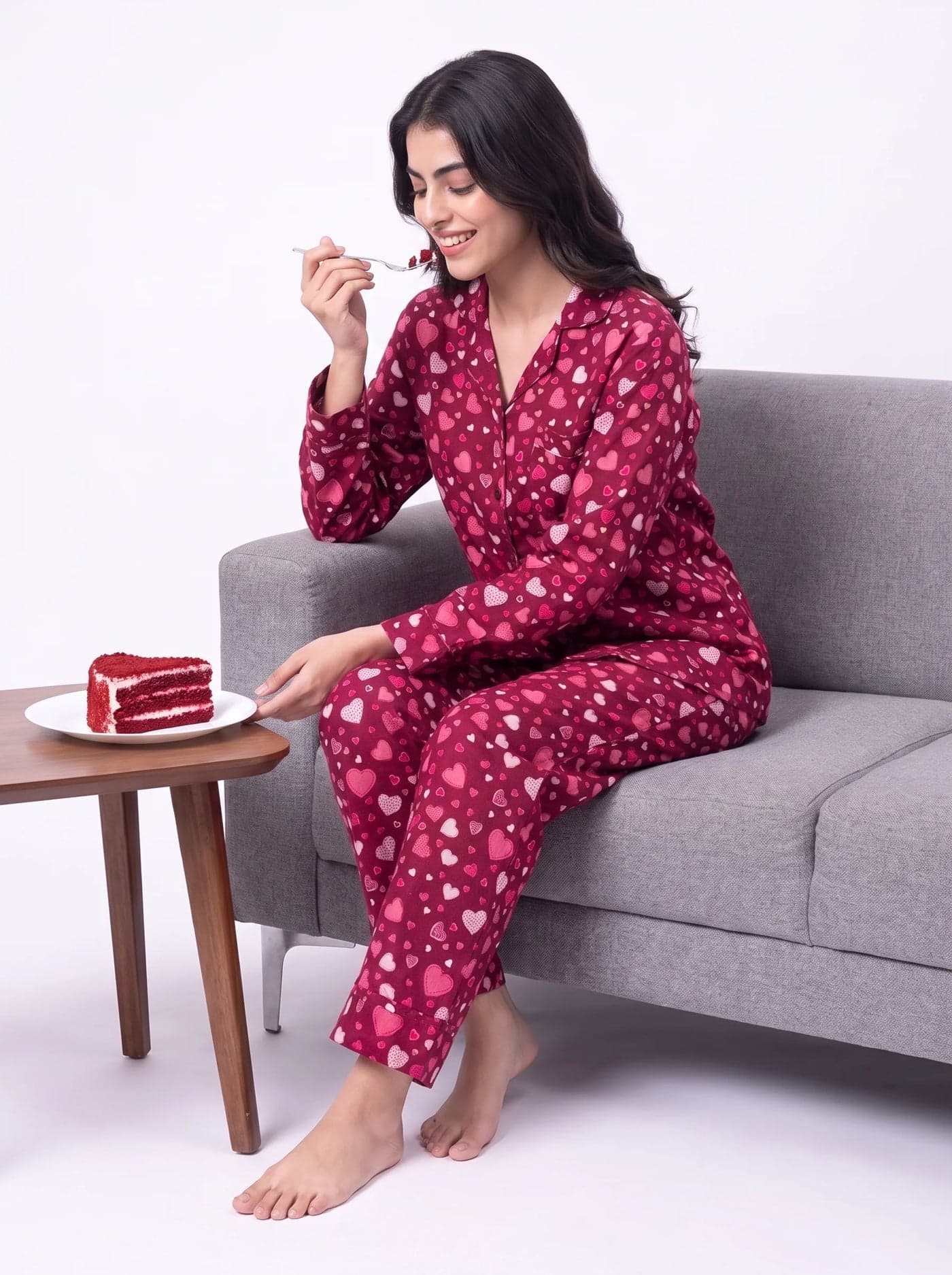 Red Heart Print Linen PJ Set for Women - view 7