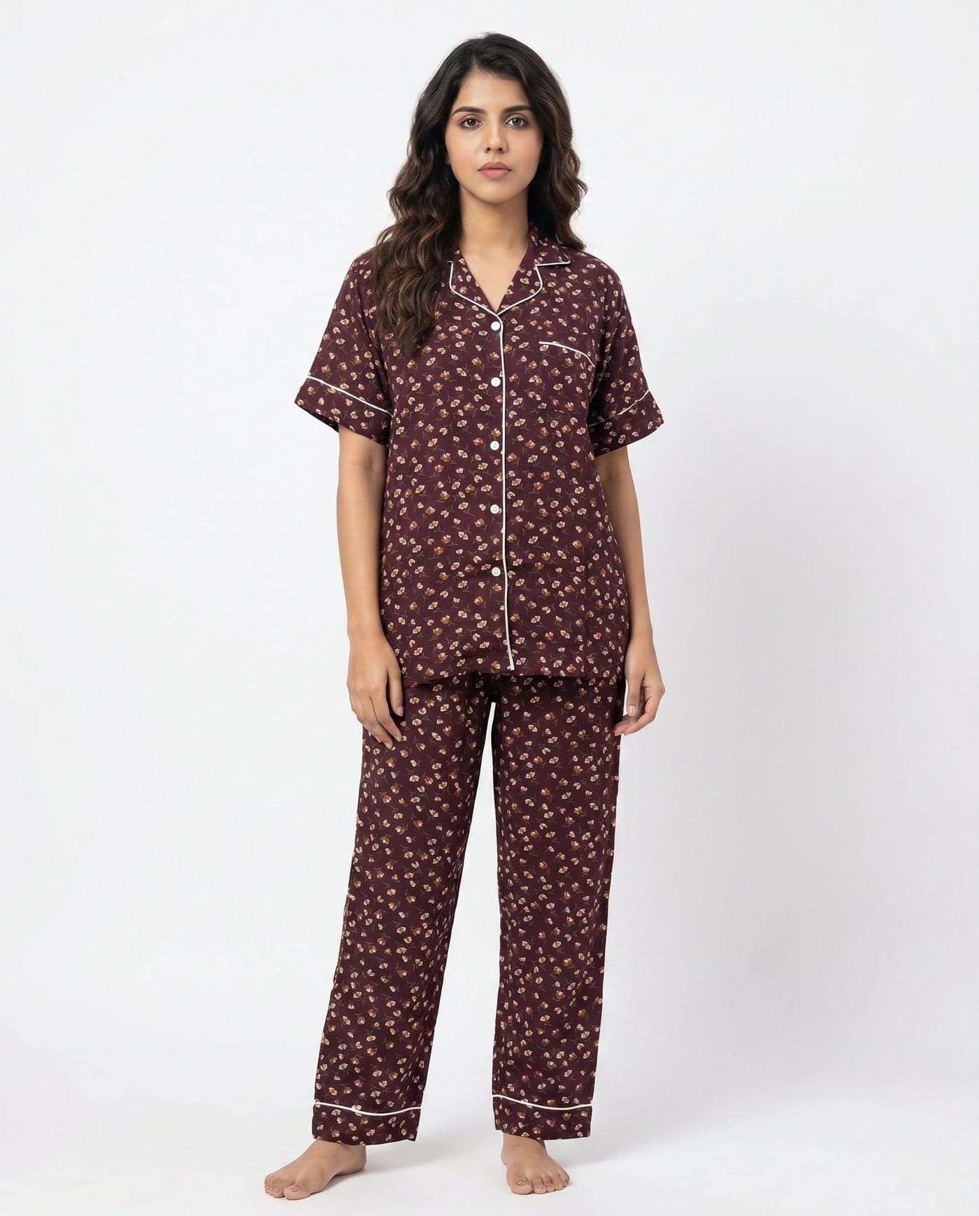 Brown Floral Half Sleeve Linen PJ Set for Women