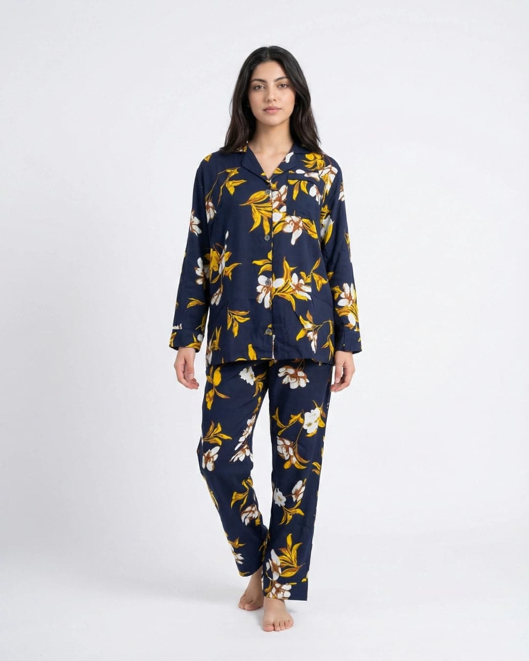 Navy Blue and Yellow Floral Full Sleeve Linen PJ Set for Women