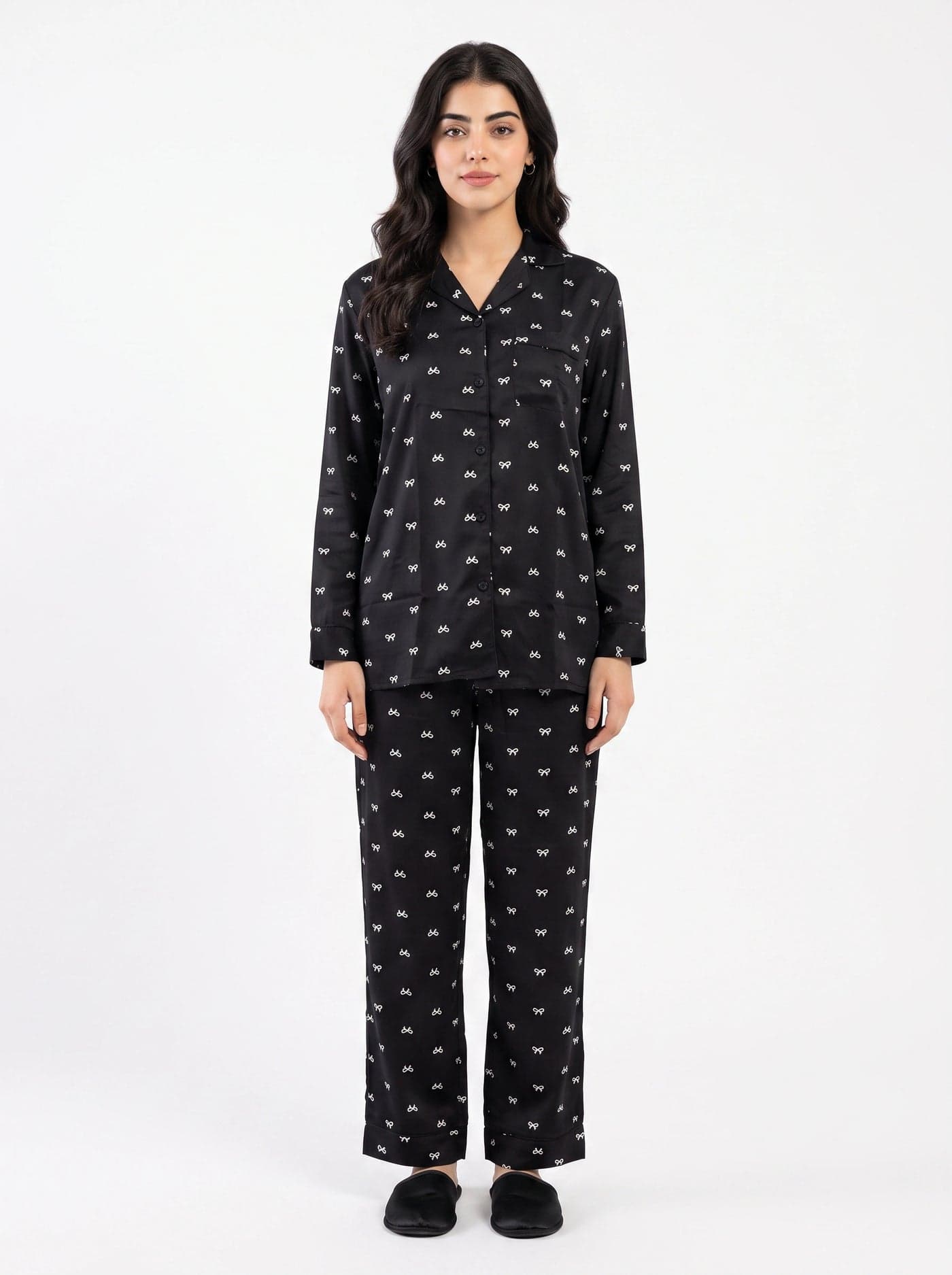 Black and White Bow Print Full Sleeve Linen PJ Set for Women