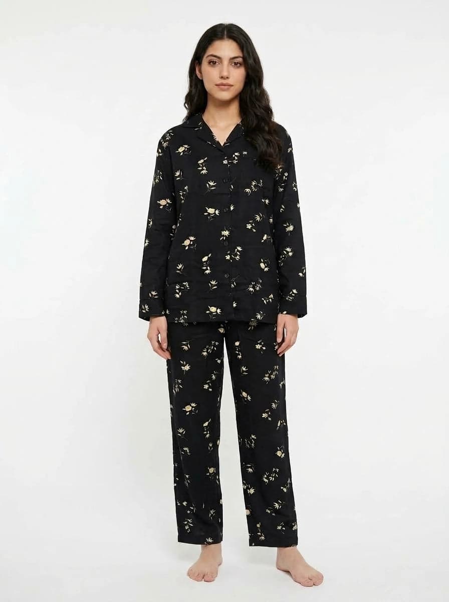 Black and Cream Floral Full Sleeve Linen PJ Set for Women